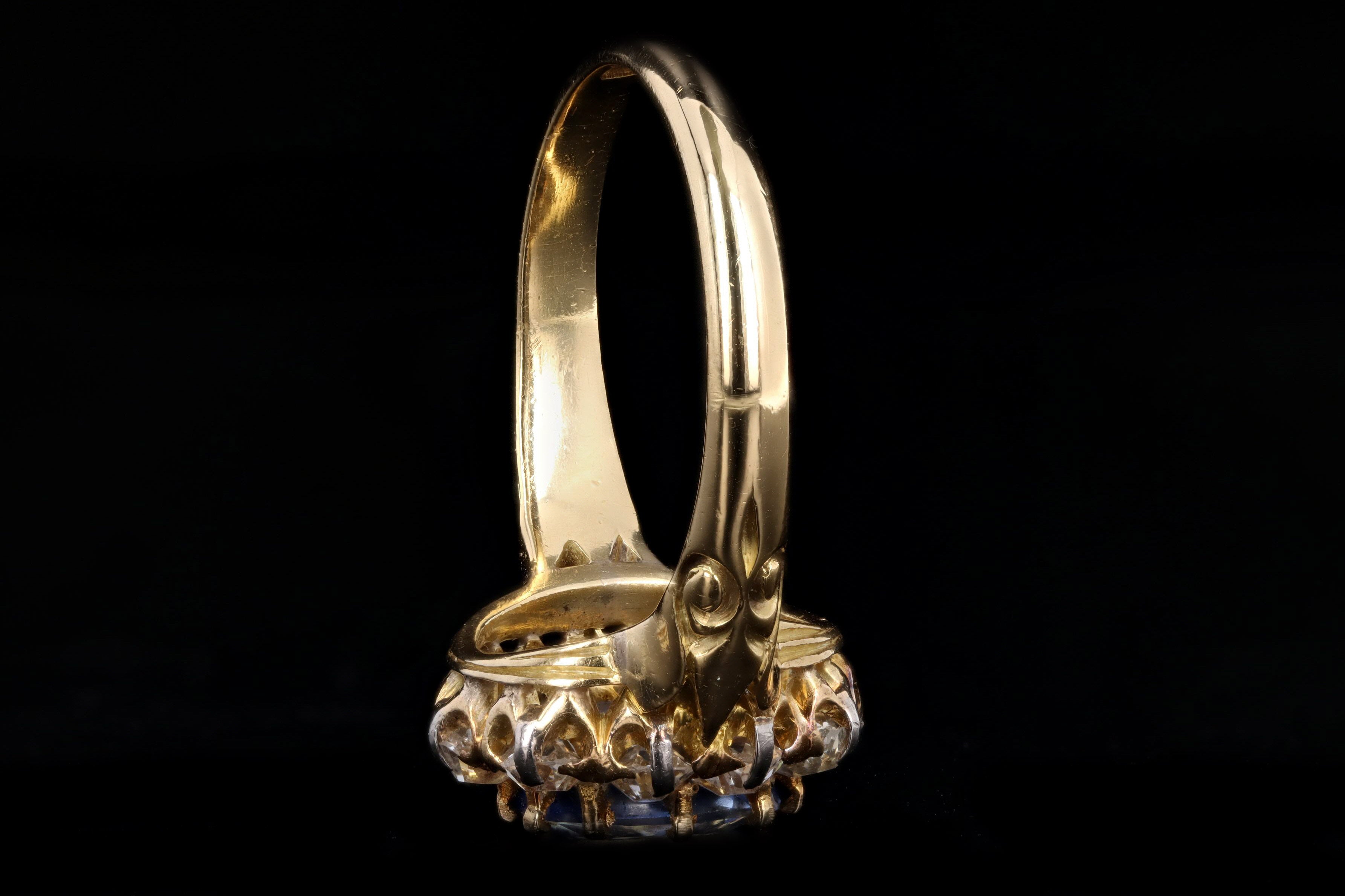 Victorian 18K Yellow Gold 1.58 Carat Natural No Heat Ceylon Sapphire & Diamond Halo Ring GIA Certified - Queen May