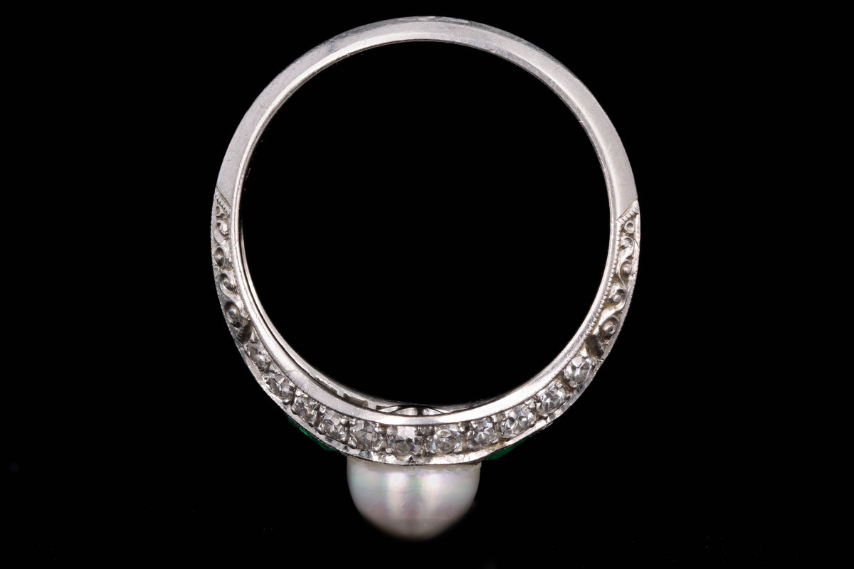 Art Deco Pearl Trillion Cut Emerald & Diamond Knife Edge Ring - Queen May