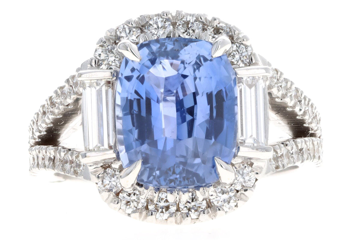 18K White Gold 5.09 Carat Cushion Cut Natural No Heat Sapphire & Diamond Ring EGL Certified - Queen May