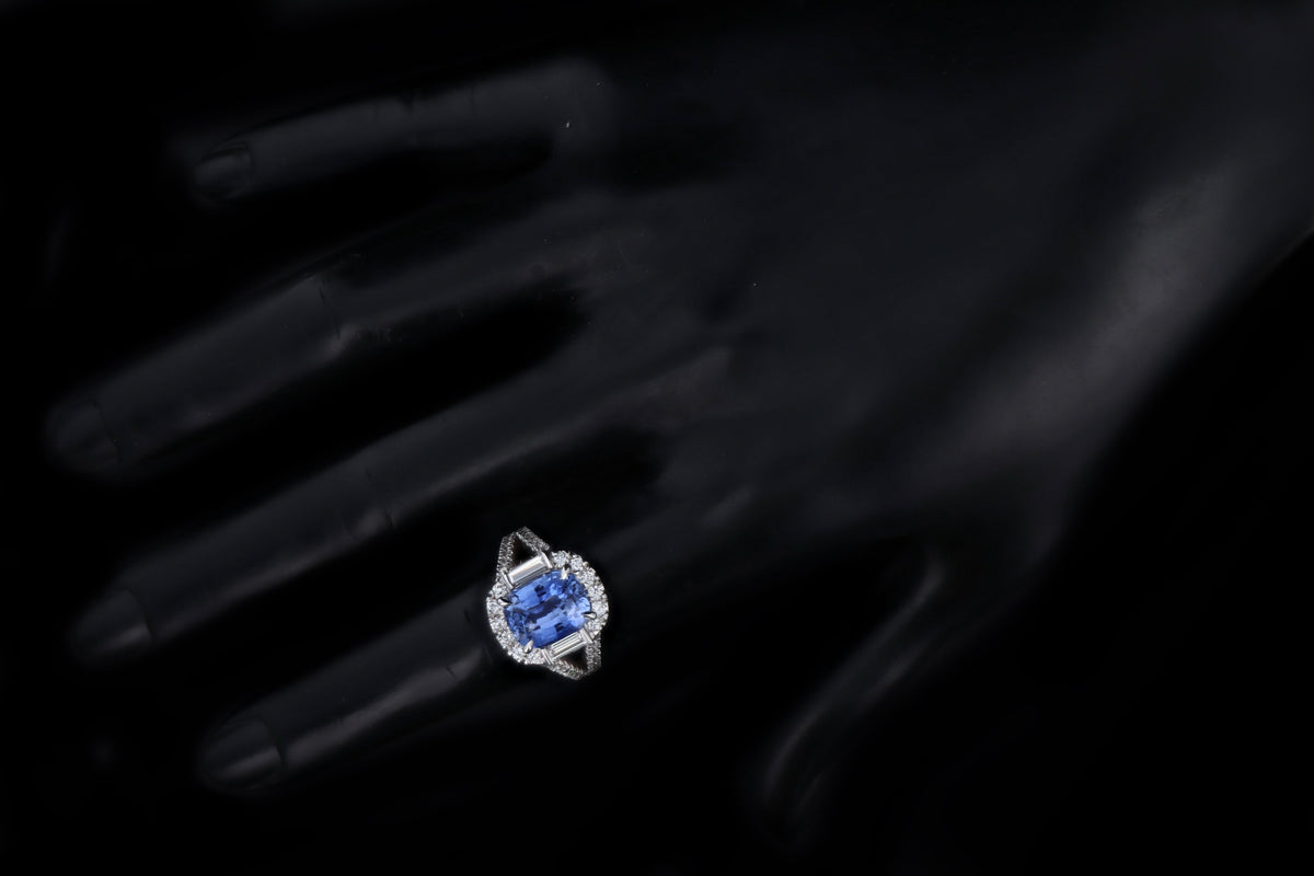18K White Gold 5.09 Carat Cushion Cut Natural No Heat Sapphire & Diamond Ring EGL Certified - Queen May