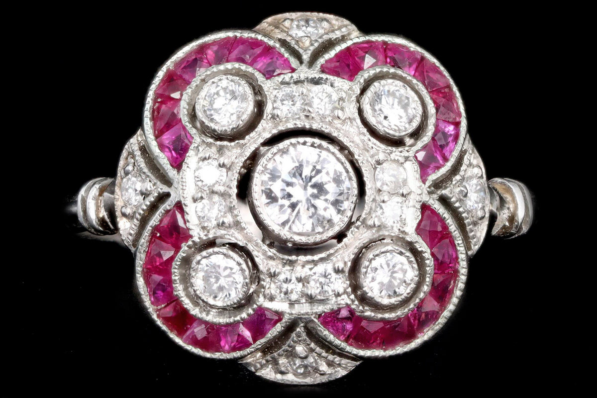 Art Deco Inspired Platinum Diamond & French Cut Natural Ruby Ring - Queen May