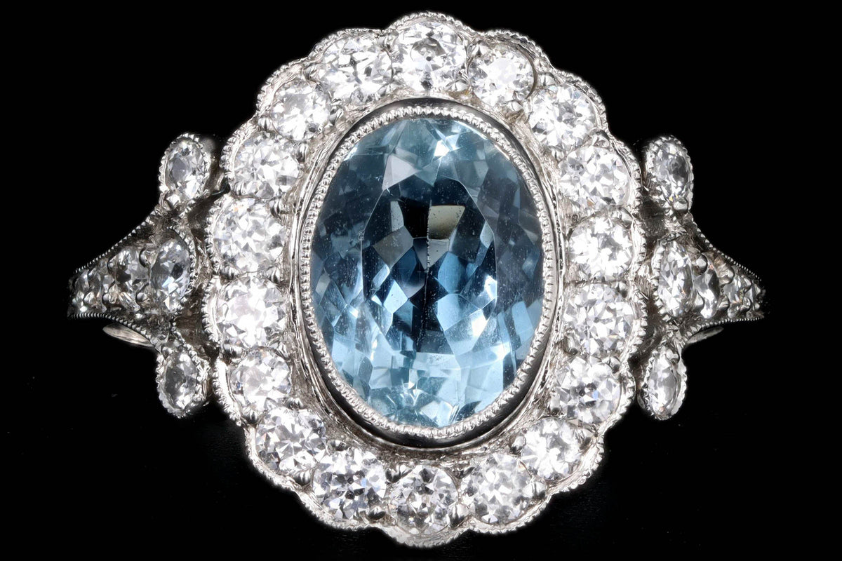 Art Deco Inspired Platinum 1.50 Carat Aquamarine & Diamond Halo Ring - Queen May