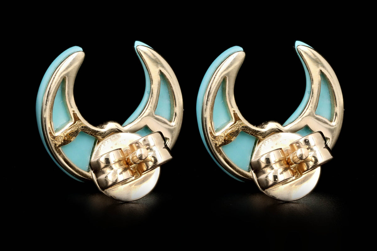 14K Yellow Gold Turquoise & Diamond Crescent Stud Earrings - Queen May
