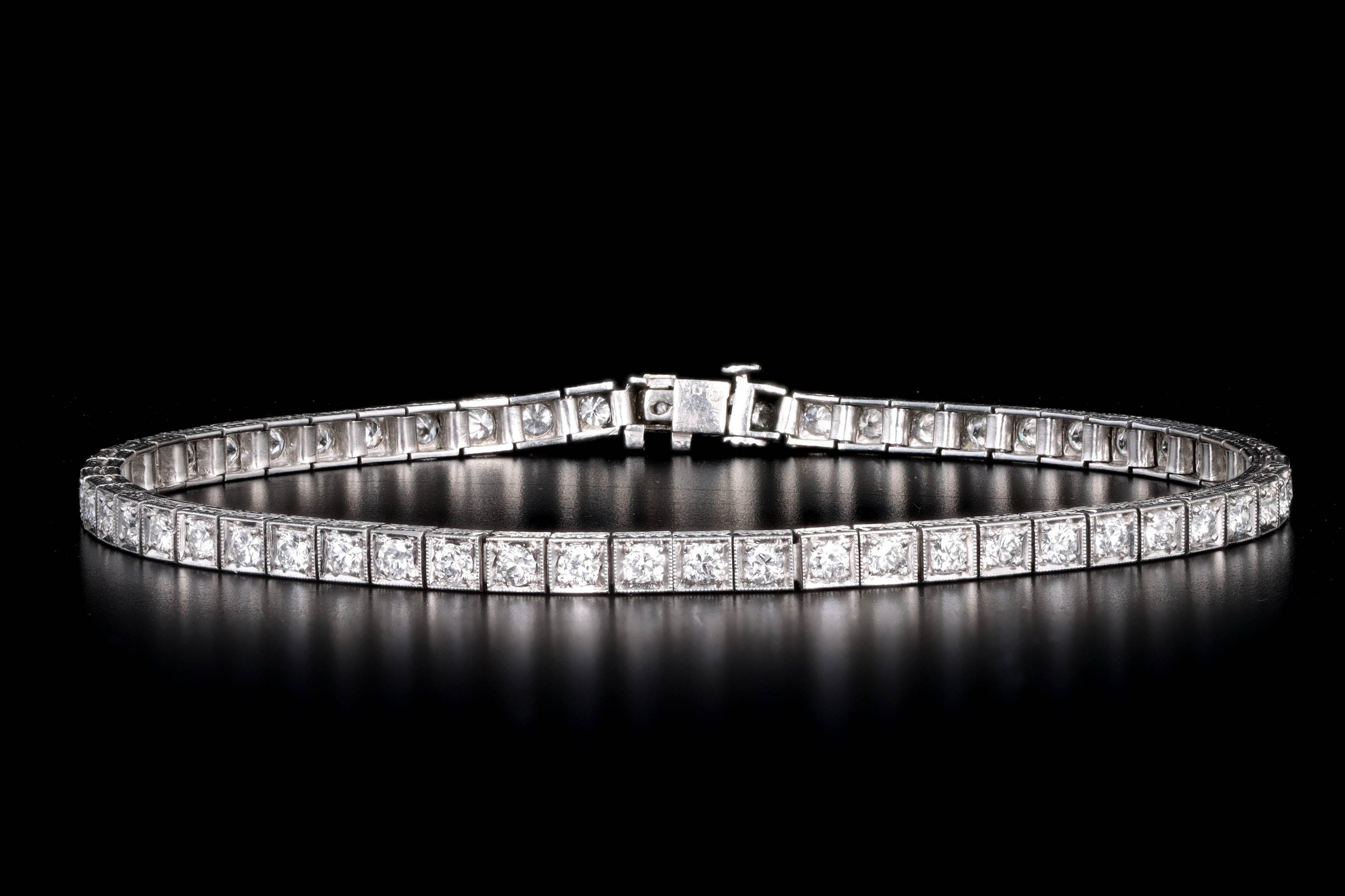 Art Deco Platinum 2.50 Carat Total Weight Old European Cut Diamond Tennis Bracelet - Queen May