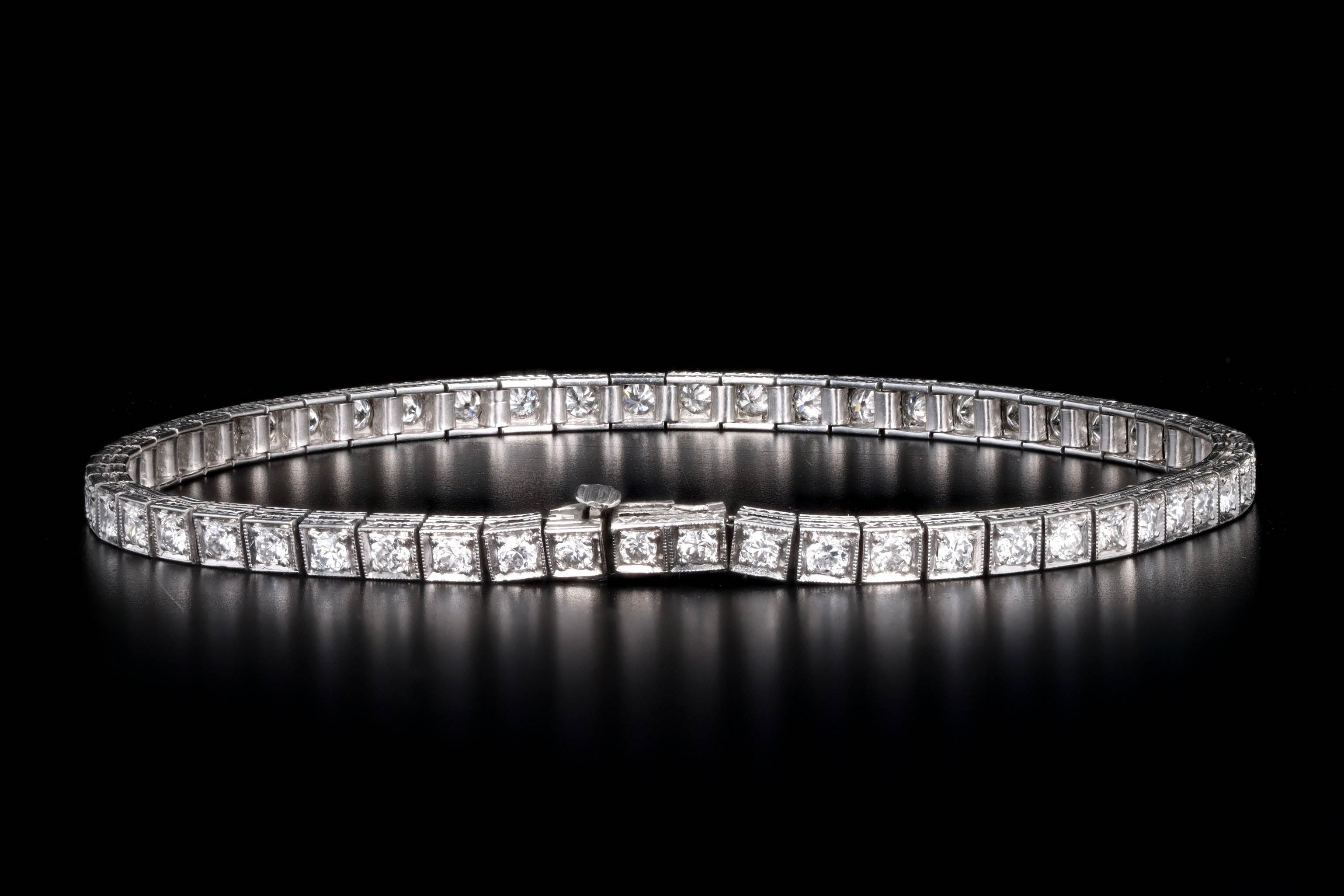 Art Deco Platinum 2.50 Carat Total Weight Old European Cut Diamond Tennis Bracelet - Queen May
