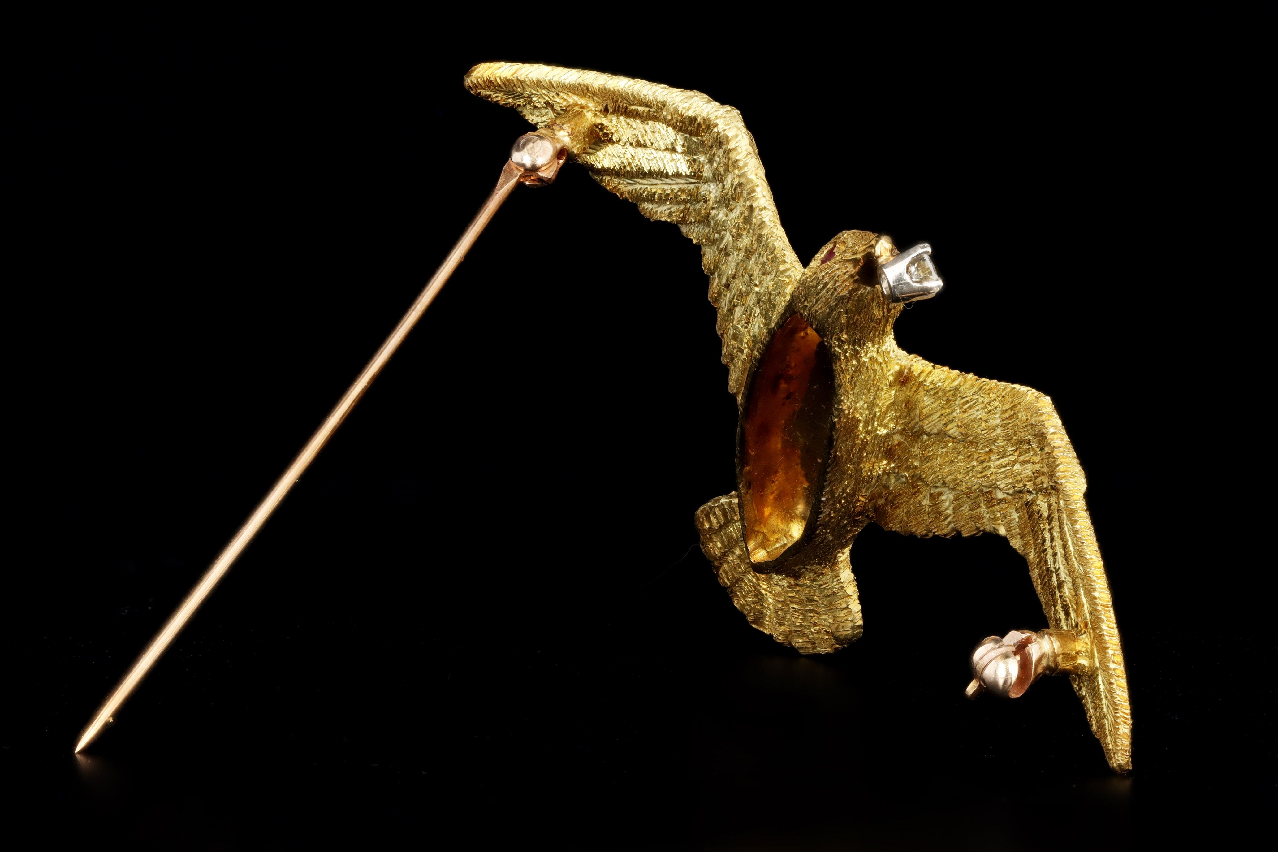 Vintage 18K Yellow Gold Diamond Dove Brooch - Queen May