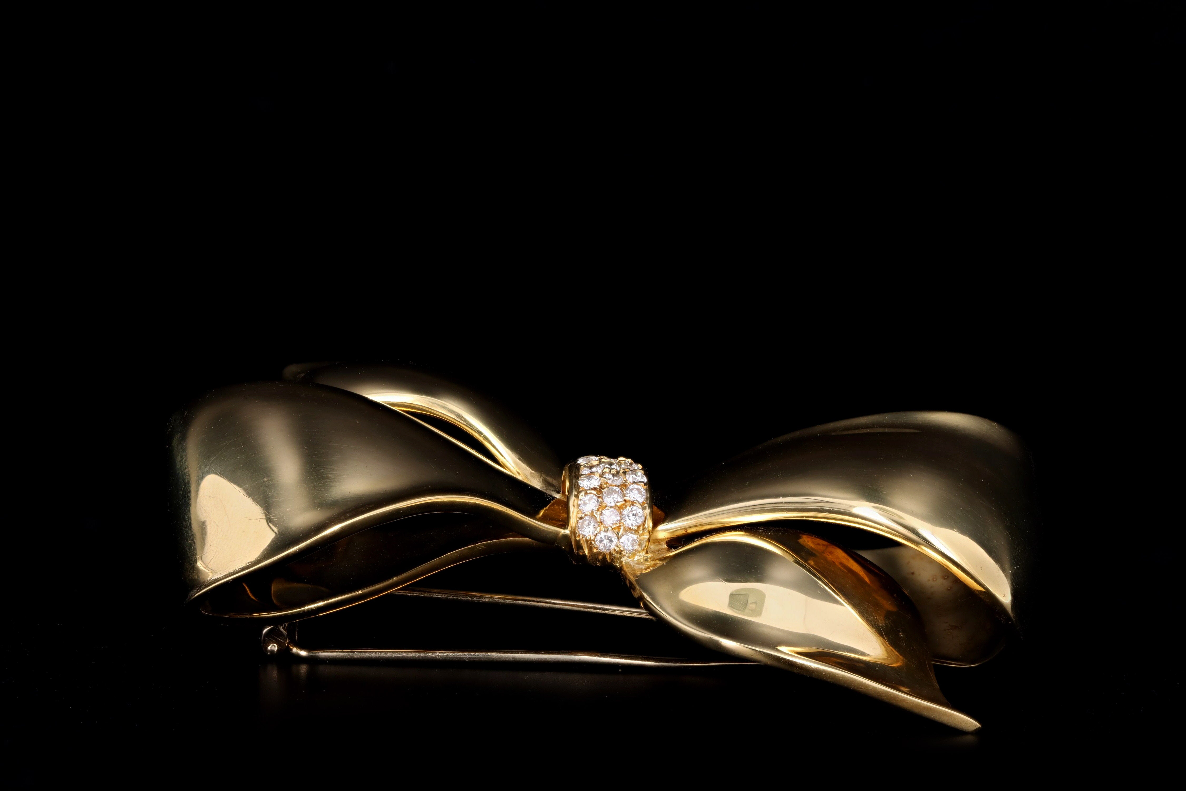 Vintage 18K Yellow Gold Diamond Bow Brooch - Queen May