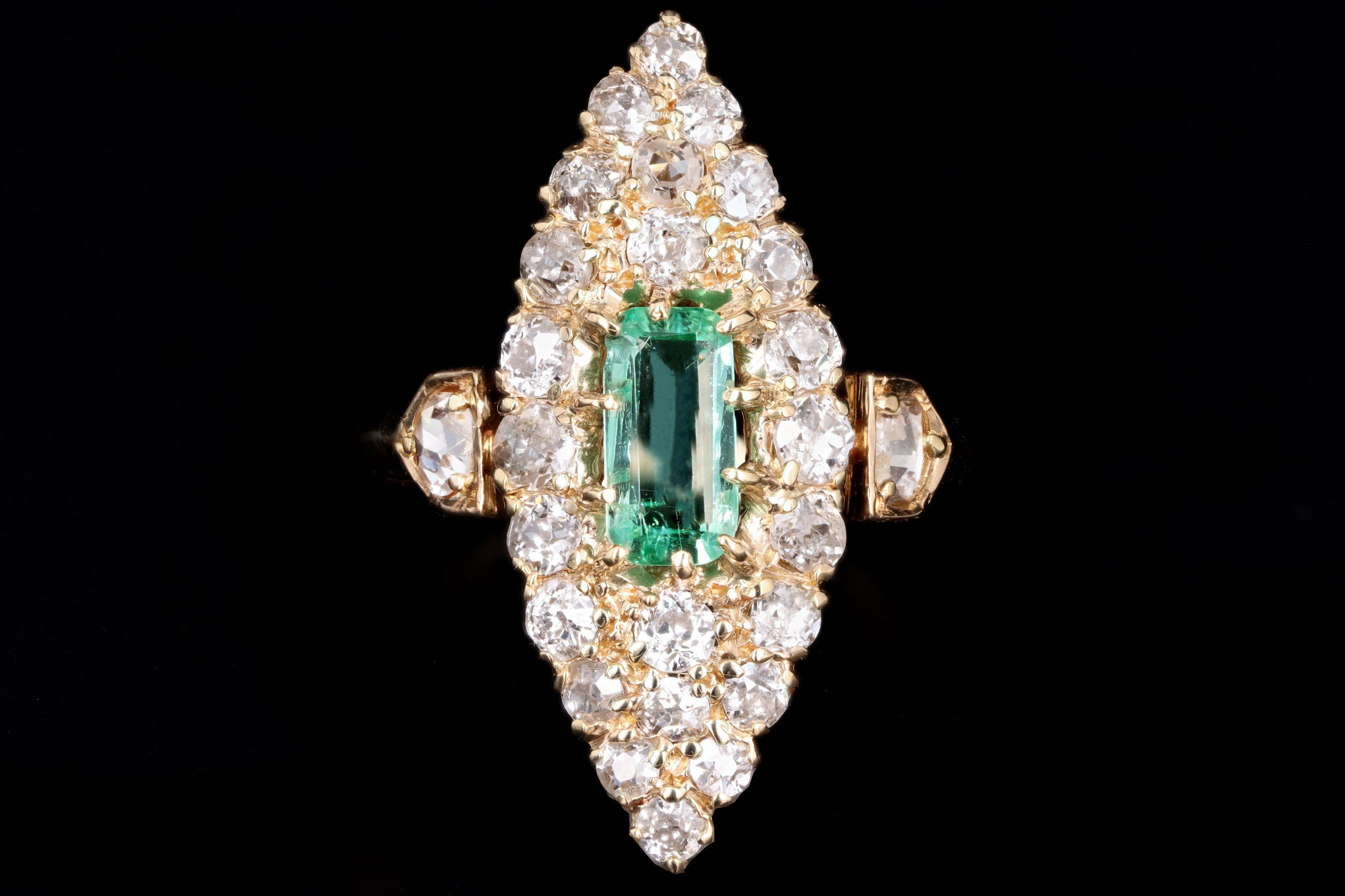 Victorian 18K Yellow Gold .35 Carat Natural Emerald & Diamond Navette Ring - Queen May
