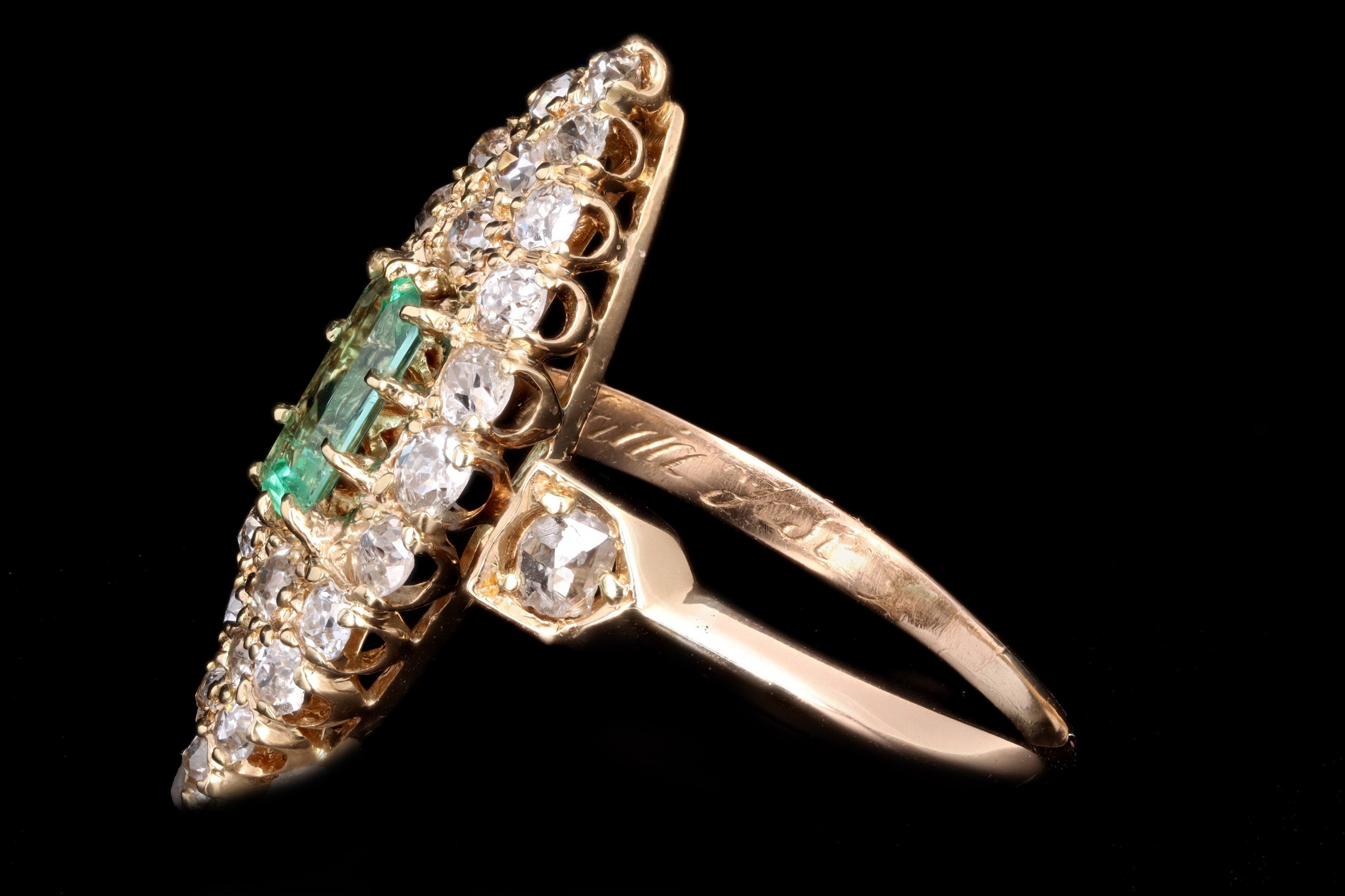 Victorian 18K Yellow Gold .35 Carat Natural Emerald & Diamond Navette Ring - Queen May