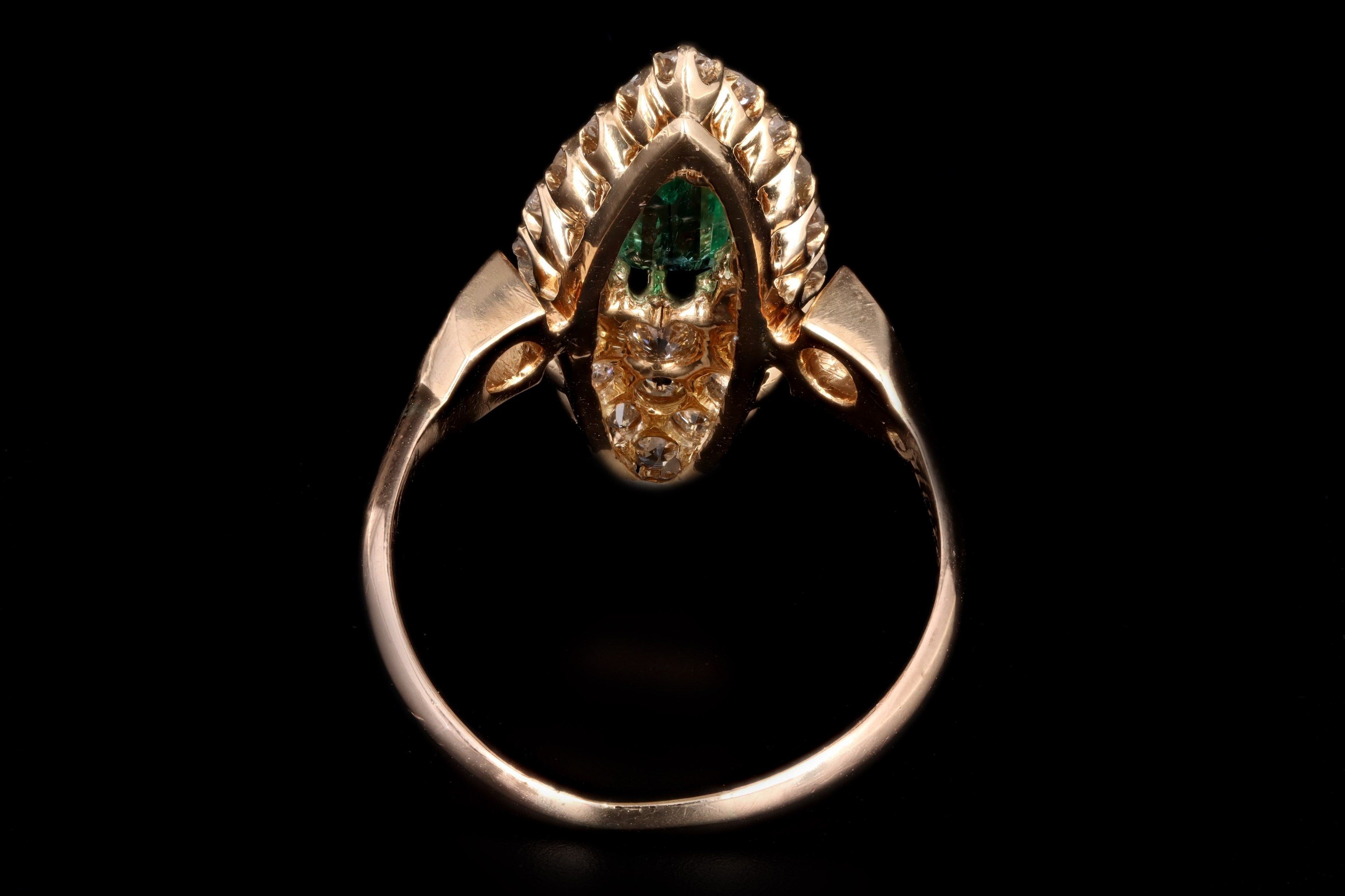 Victorian 18K Yellow Gold .35 Carat Natural Emerald & Diamond Navette Ring - Queen May
