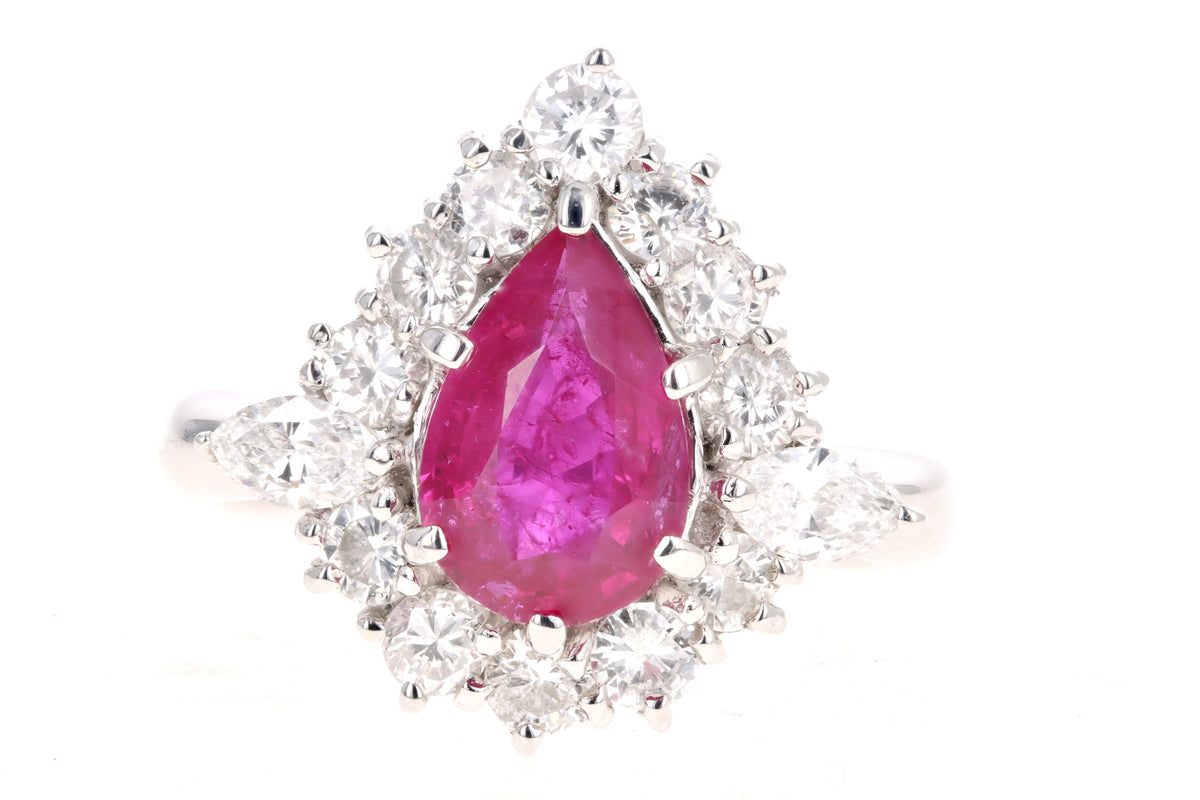 Platinum 1.87 Carat Pear Cut Natural Ruby & Diamond Halo Ring - Queen May