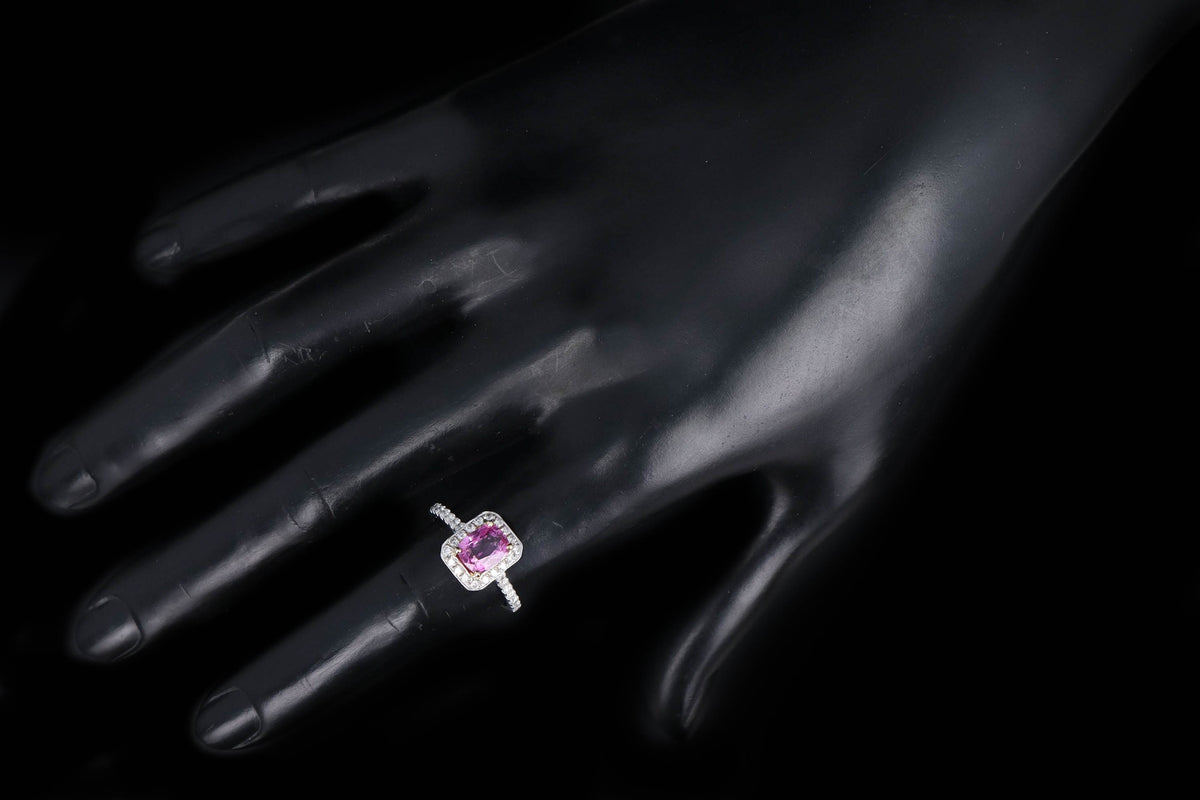 18K White Gold 1.74 Carat Natural Pink Sapphire & Diamond Halo Ring - Queen May