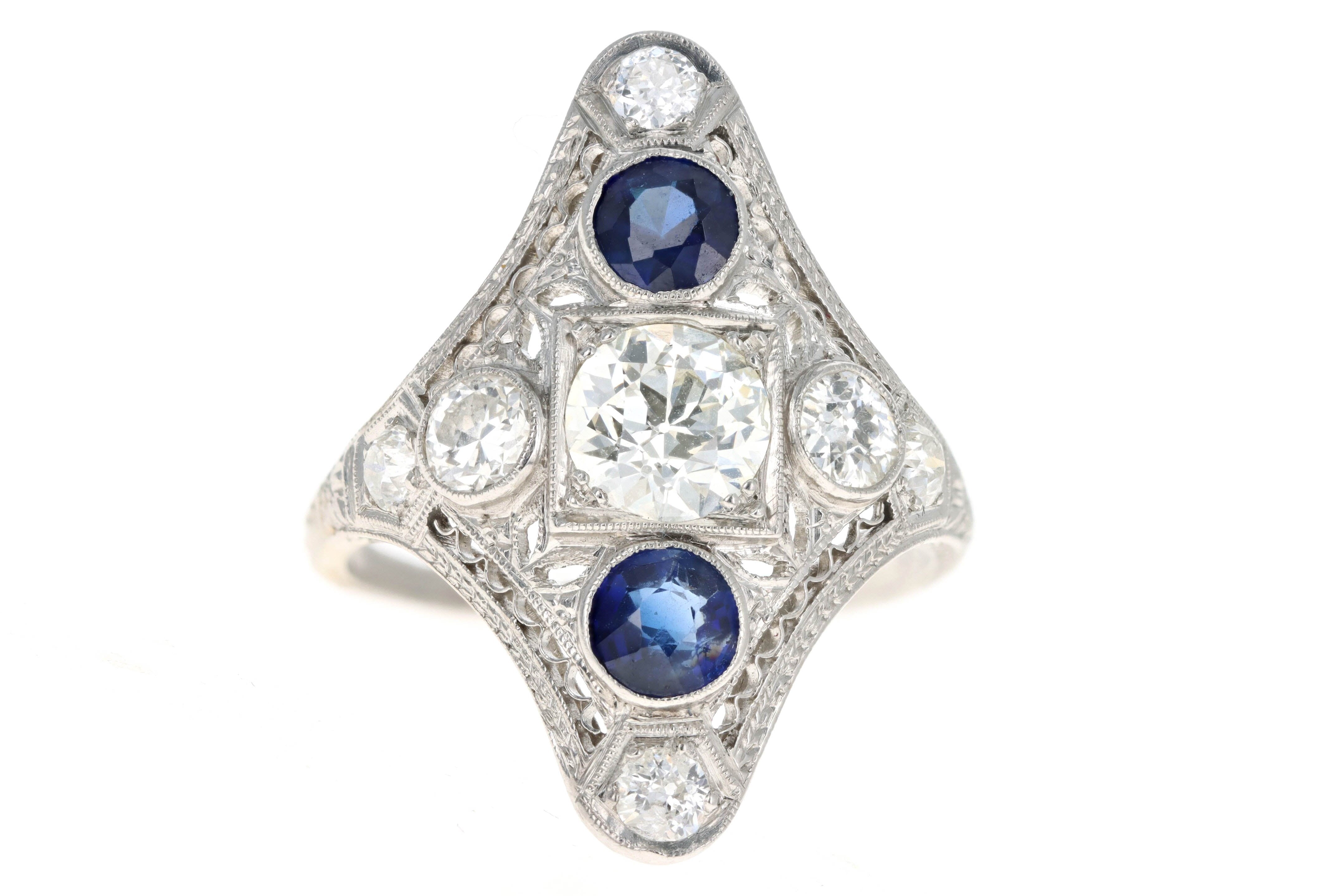 Art Deco Platinum .90 Carat Old European Diamond & Synthetic Sapphire Shield Ring - Queen May