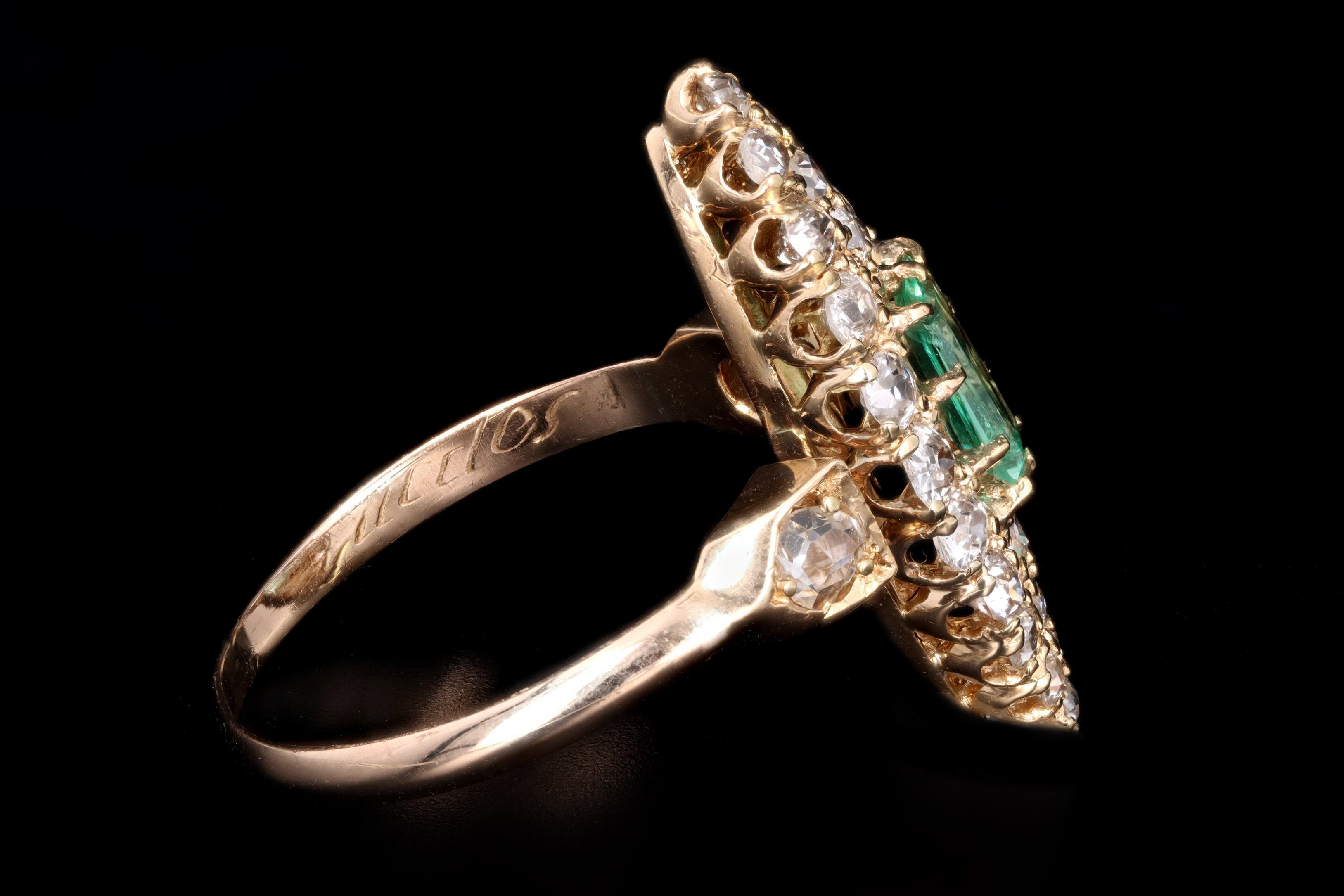 Victorian 18K Yellow Gold .35 Carat Natural Emerald & Diamond Navette Ring - Queen May