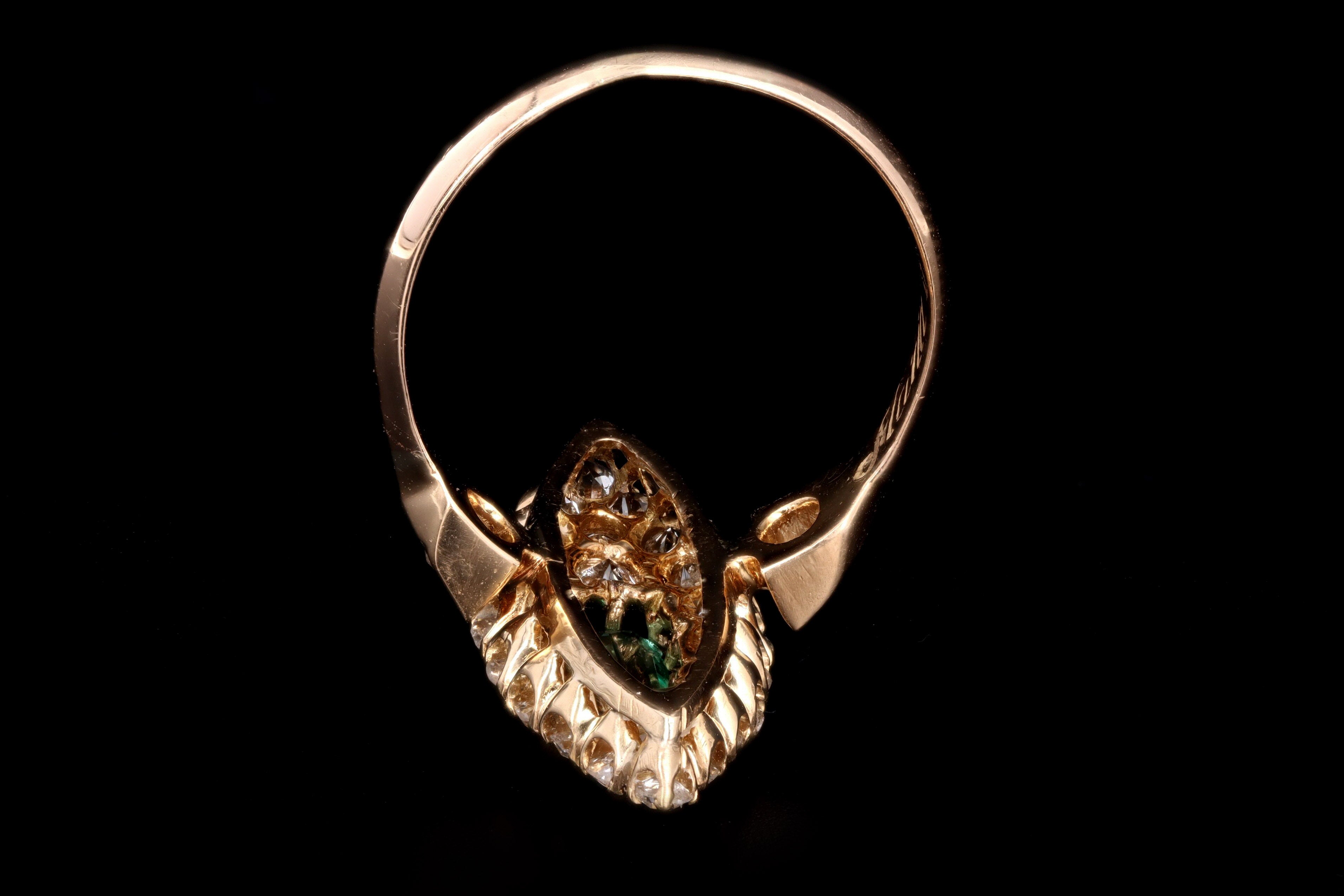 Victorian 18K Yellow Gold .35 Carat Natural Emerald & Diamond Navette Ring - Queen May