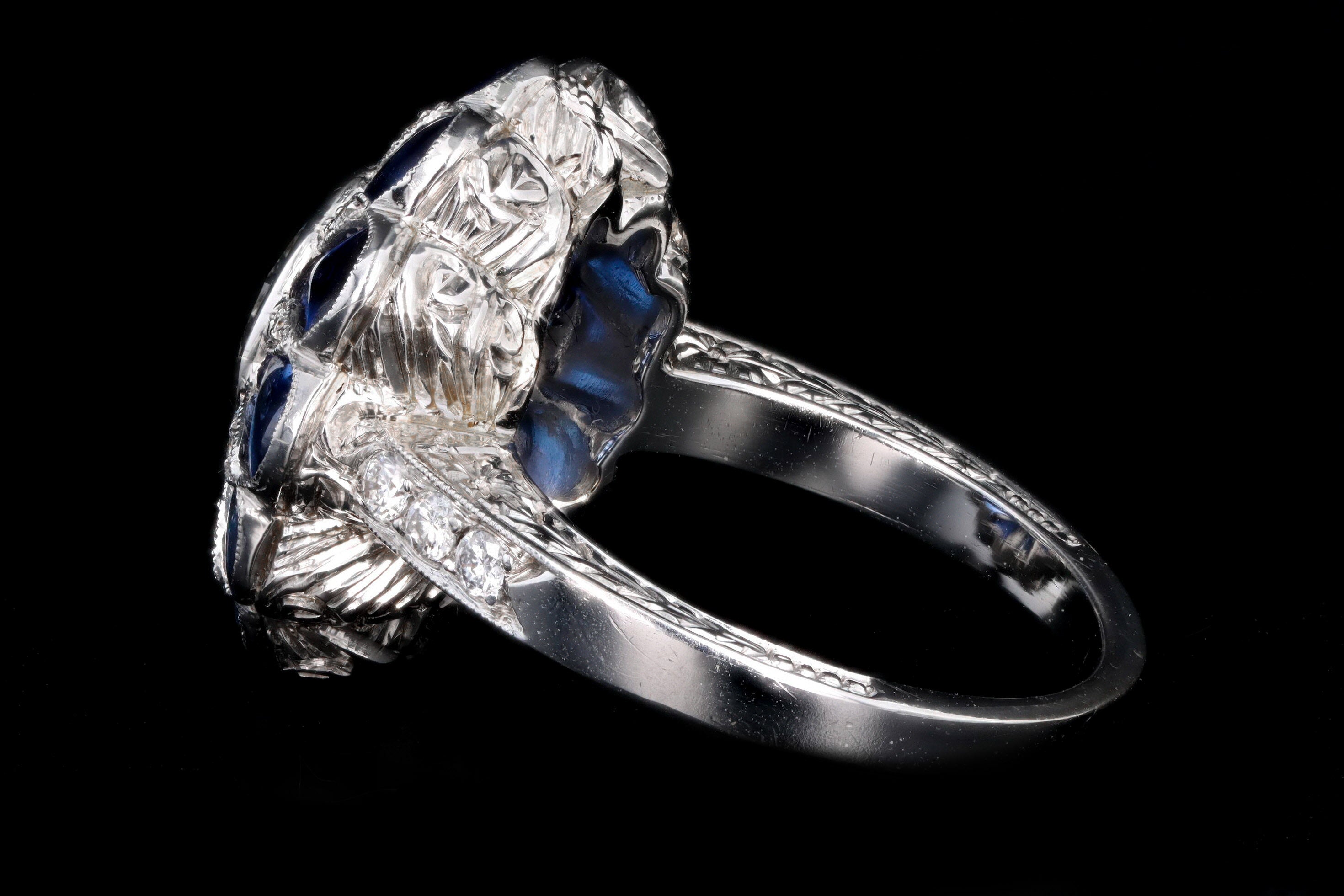 Art Deco Inspired 2.06 Carat Round Brilliant Diamond & Synthetic Sapphire Flower Ring - Queen May