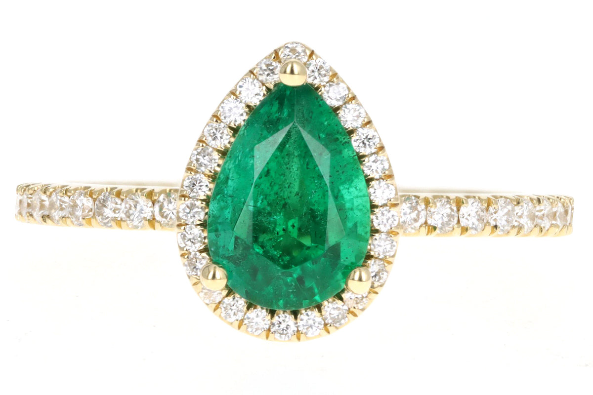 18K Yellow Gold 1.07 Carat Pear Cut Natural Emerald & Diamond Halo Ring - Queen May