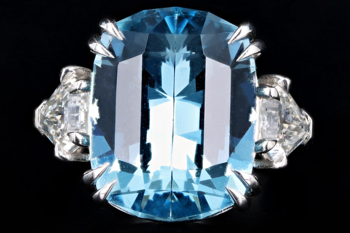 Platinum 10.07 Carat Aquamarine and Diamond Three Stone Ring - Queen May