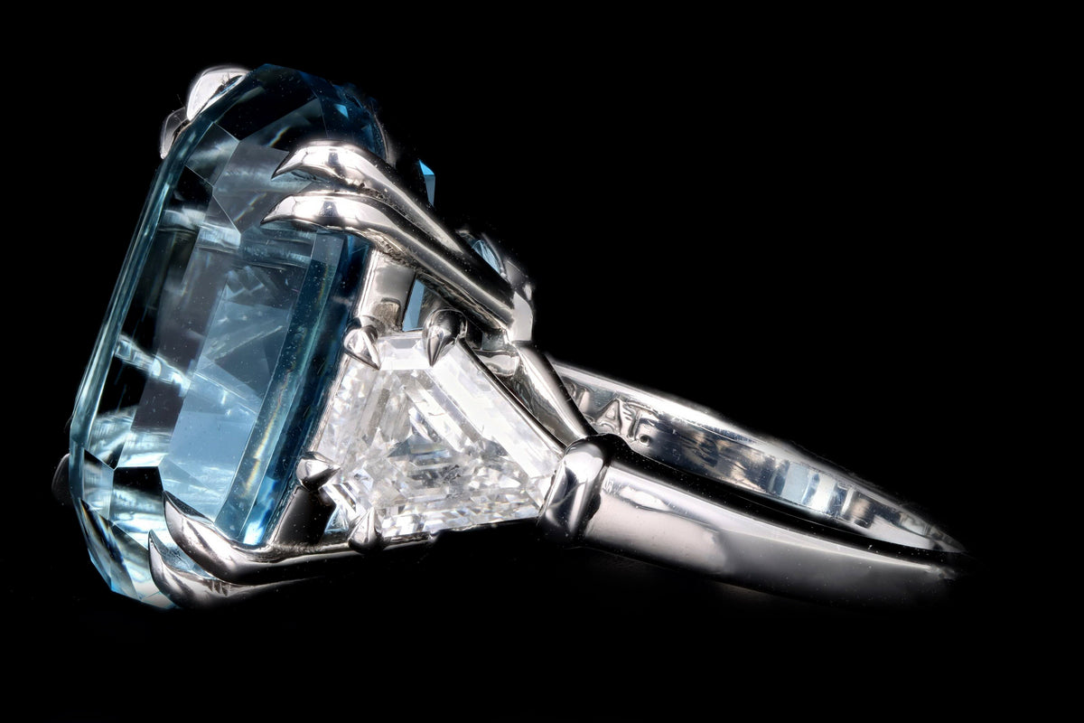 Platinum 10.07 Carat Aquamarine and Diamond Three Stone Ring - Queen May