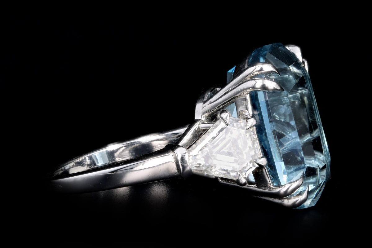 Platinum 10.07 Carat Aquamarine and Diamond Three Stone Ring - Queen May