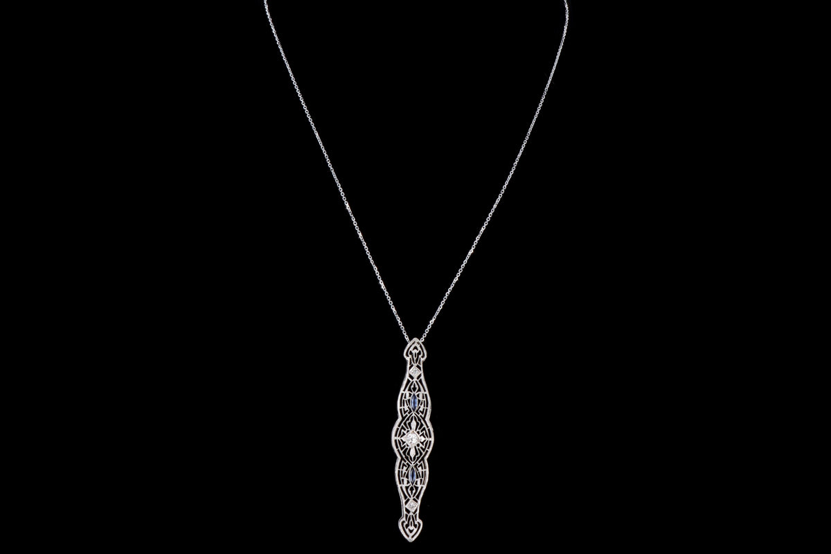 Art Deco 14K White Gold Old European Diamond & Synthetic Sapphire Bar Pin Conversion Pendant Necklace - Queen May
