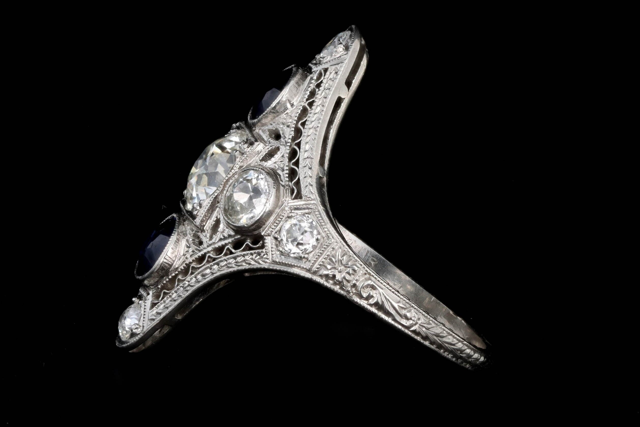 Art Deco Platinum .90 Carat Old European Diamond & Synthetic Sapphire Shield Ring - Queen May