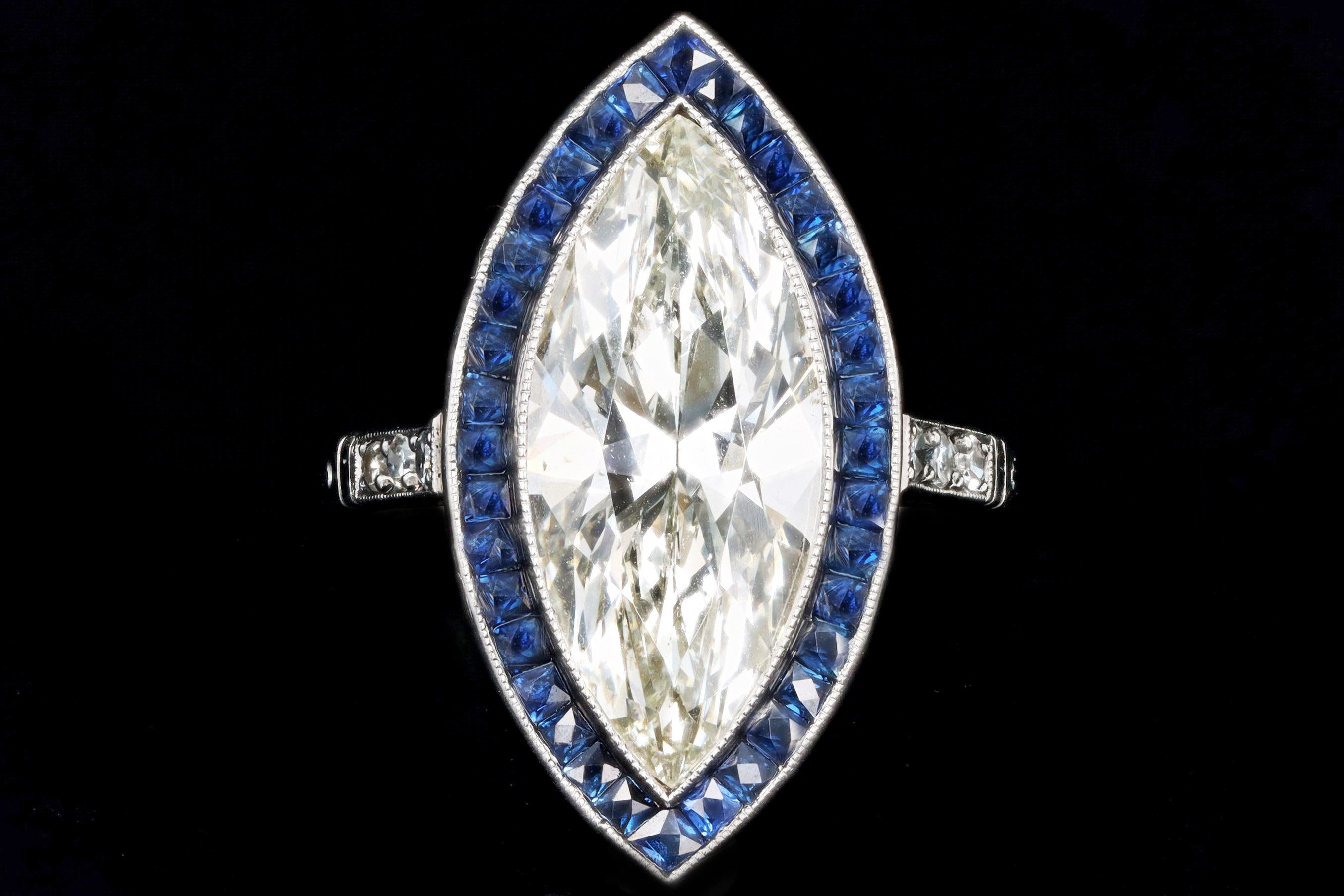 Art Deco Inspired Platinum 5.11 Carat Marquise Cut Diamond & Sapphire Ring GIA Certified - Queen May