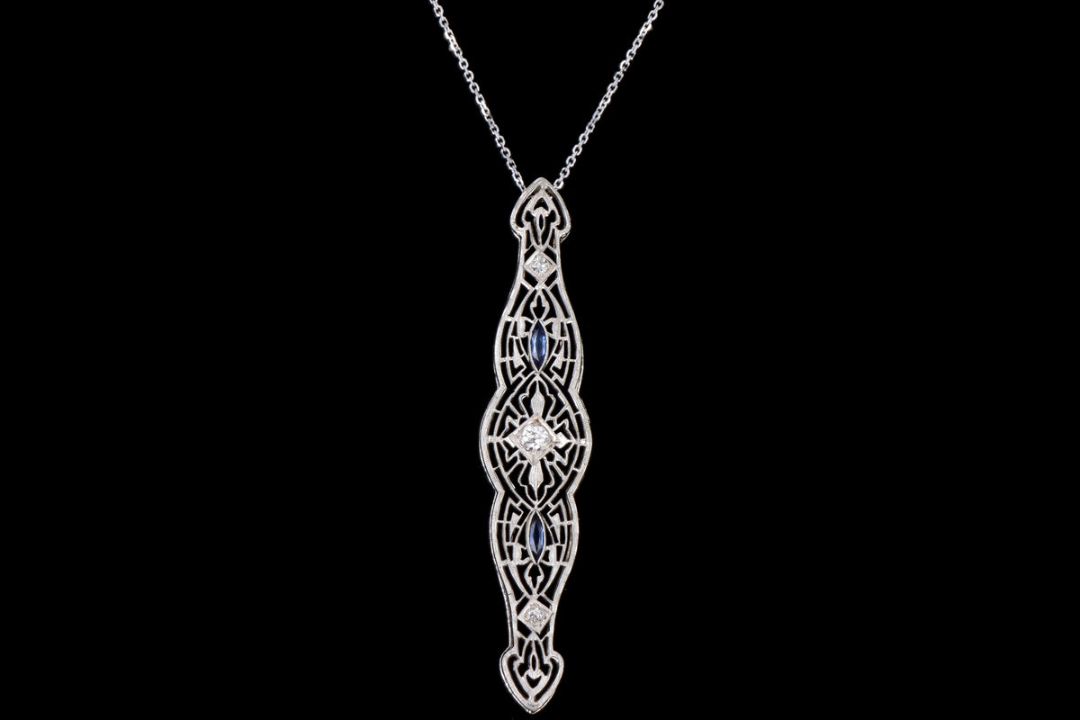 Art Deco 14K White Gold Old European Diamond & Synthetic Sapphire Bar Pin Conversion Pendant Necklace - Queen May