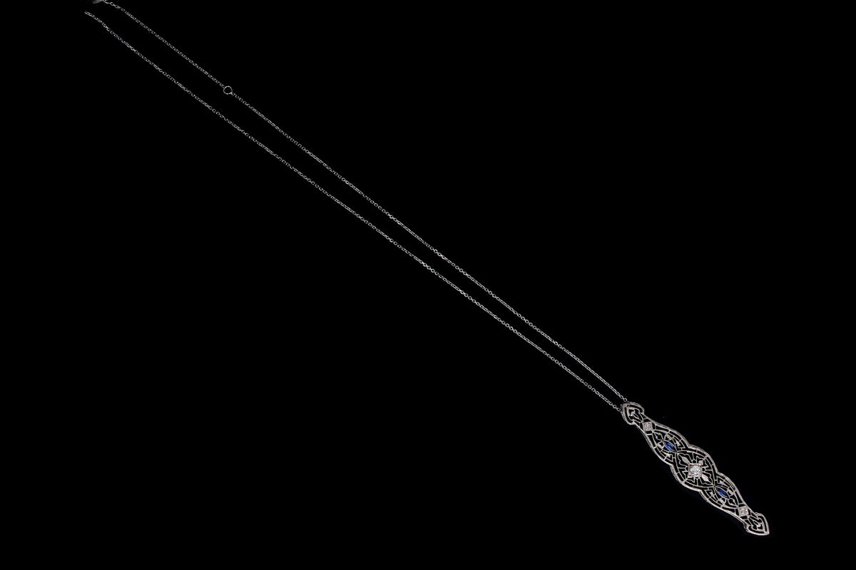 Art Deco 14K White Gold Old European Diamond & Synthetic Sapphire Bar Pin Conversion Pendant Necklace - Queen May