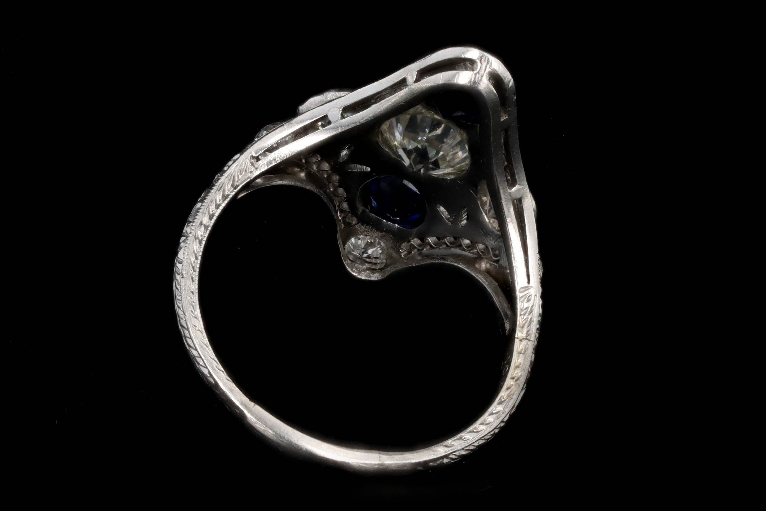 Art Deco Platinum .90 Carat Old European Diamond & Synthetic Sapphire Shield Ring - Queen May