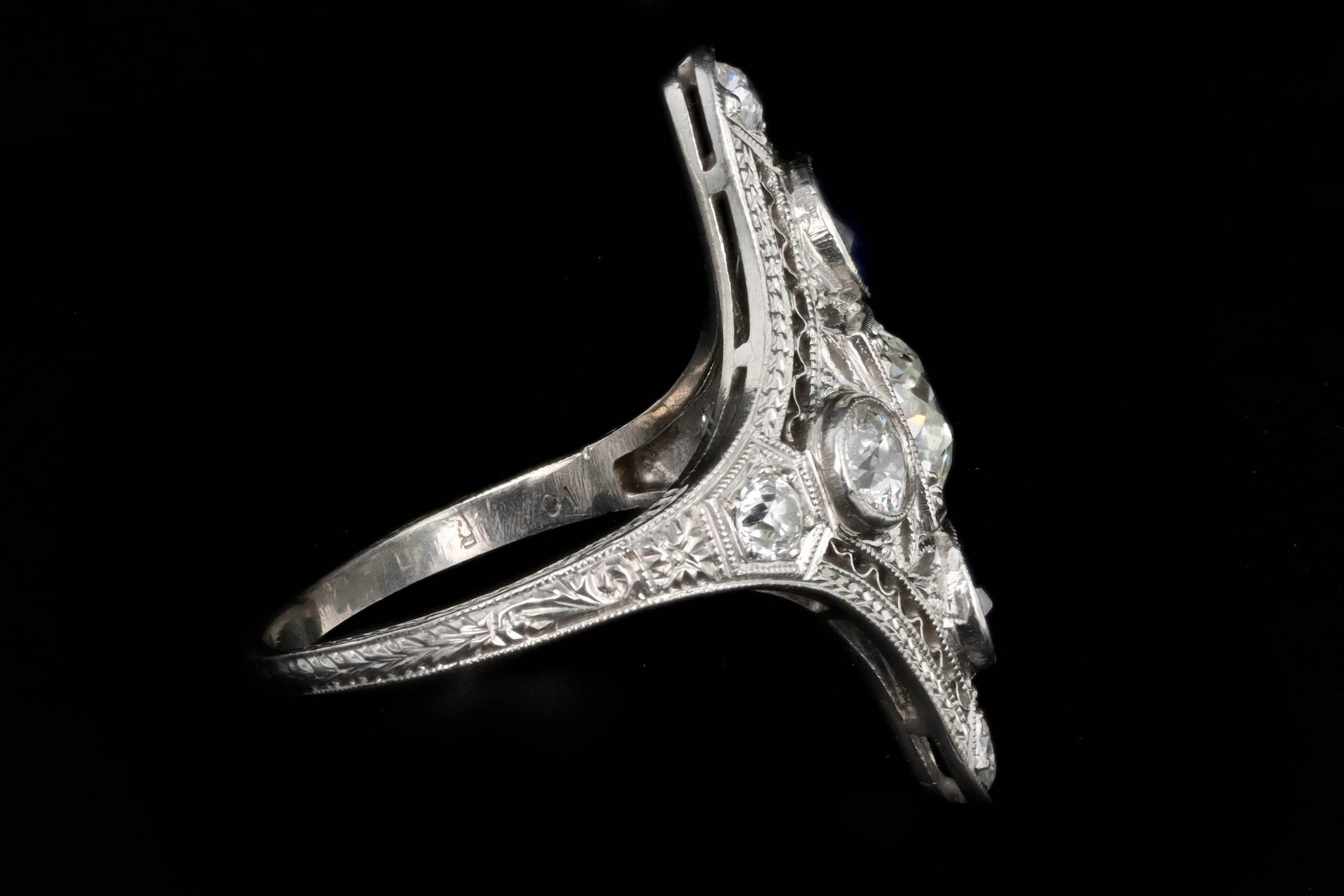 Art Deco Platinum .90 Carat Old European Diamond & Synthetic Sapphire Shield Ring - Queen May