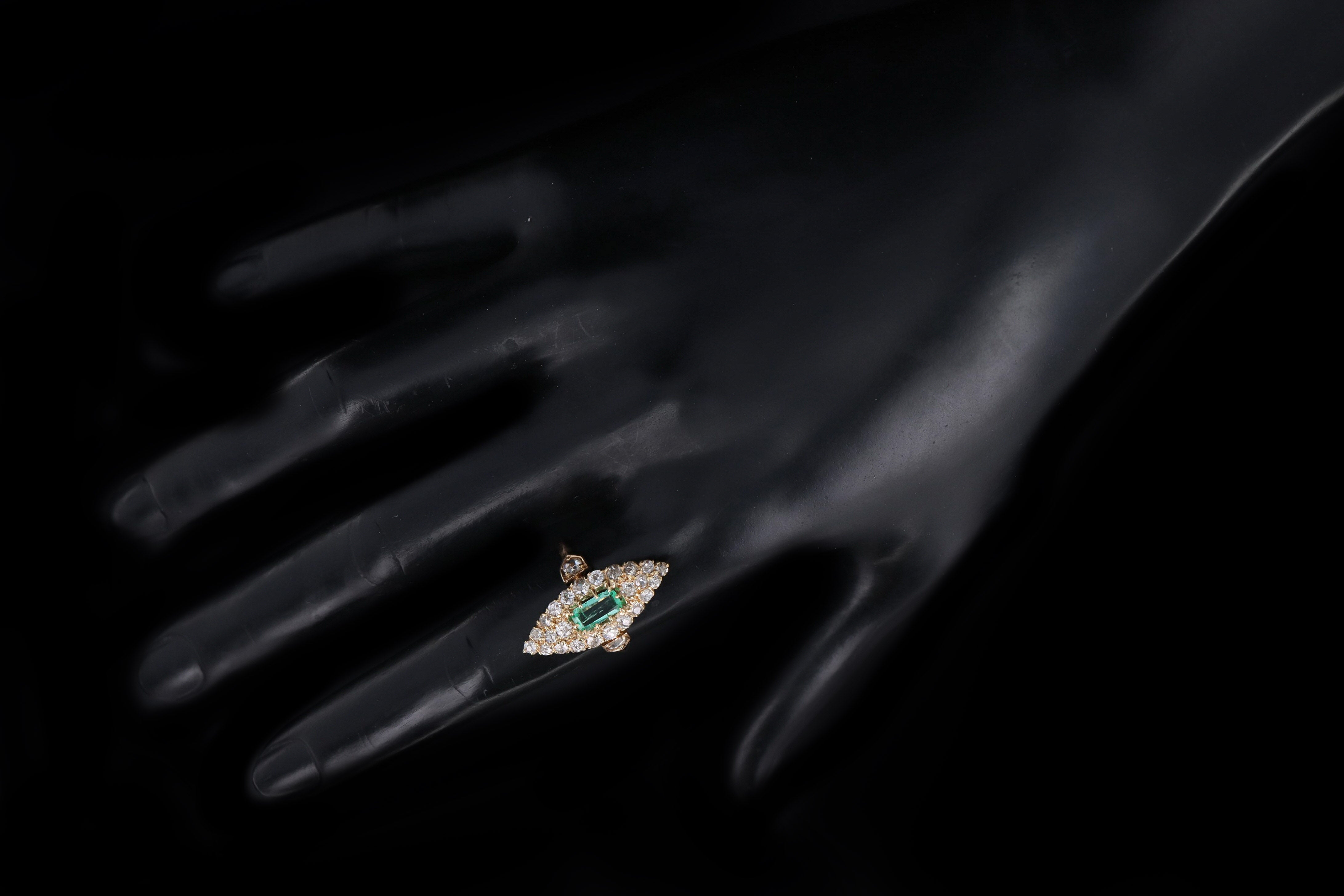 Victorian 18K Yellow Gold .35 Carat Natural Emerald & Diamond Navette Ring - Queen May