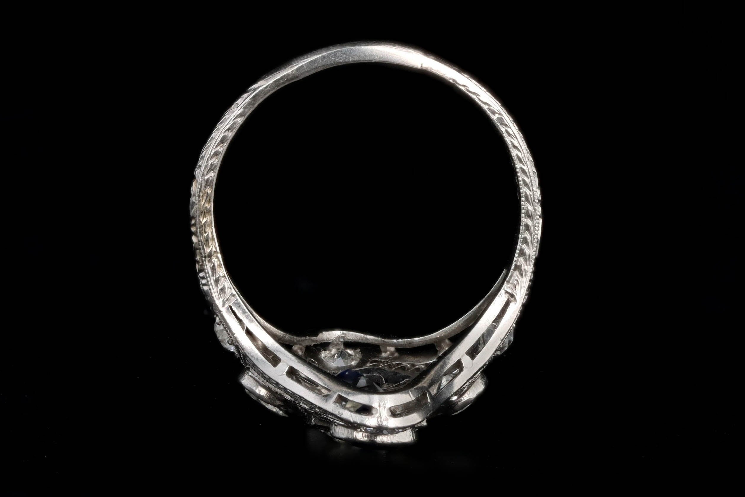 Art Deco Platinum .90 Carat Old European Diamond & Synthetic Sapphire Shield Ring - Queen May