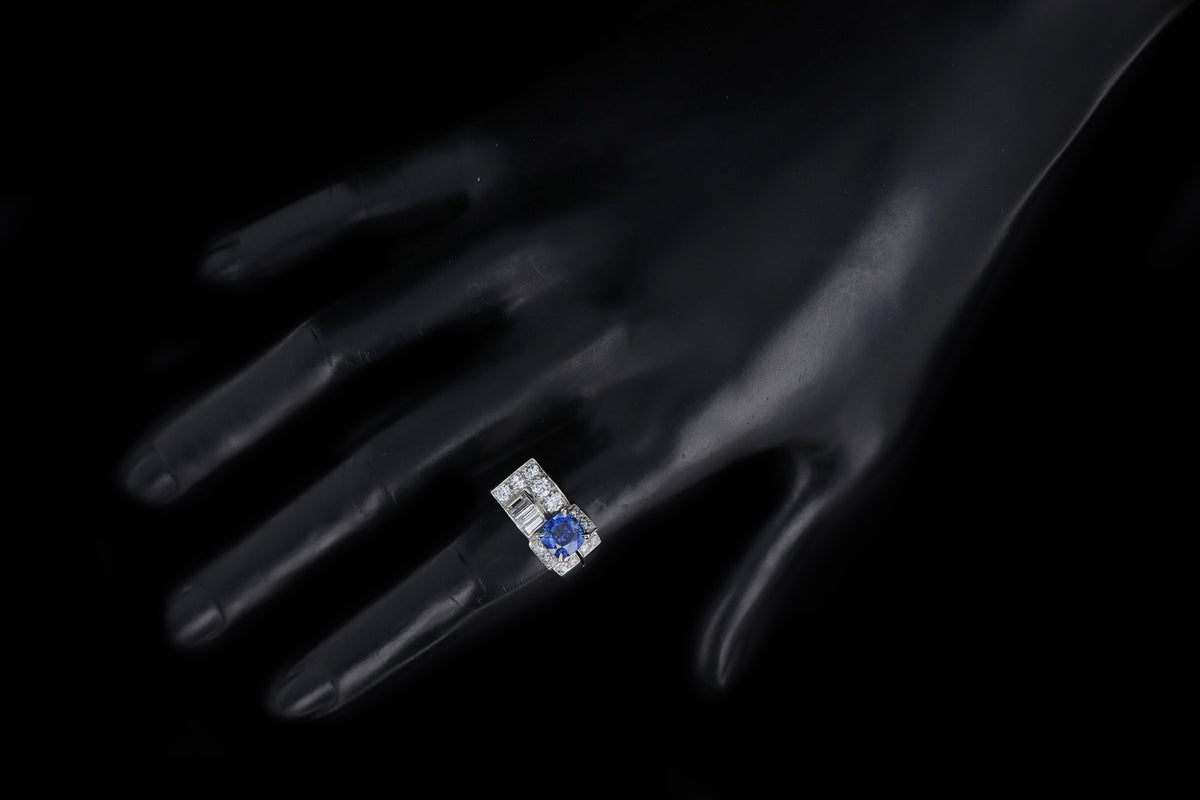 Art Deco Platinum 2.0 Carat Cushion Cut Natural Sapphire & Diamond Ring - Queen May