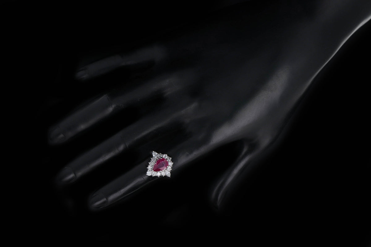 Platinum 1.87 Carat Pear Cut Natural Ruby & Diamond Halo Ring - Queen May