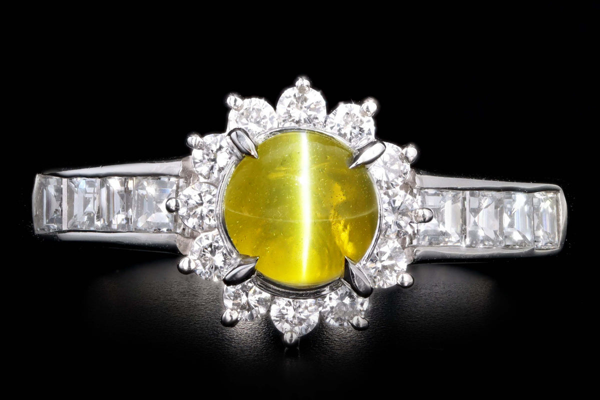 Platinum .91 Carat Cat's Eye Chrysoberyl & Diamond Halo Ring - Queen May