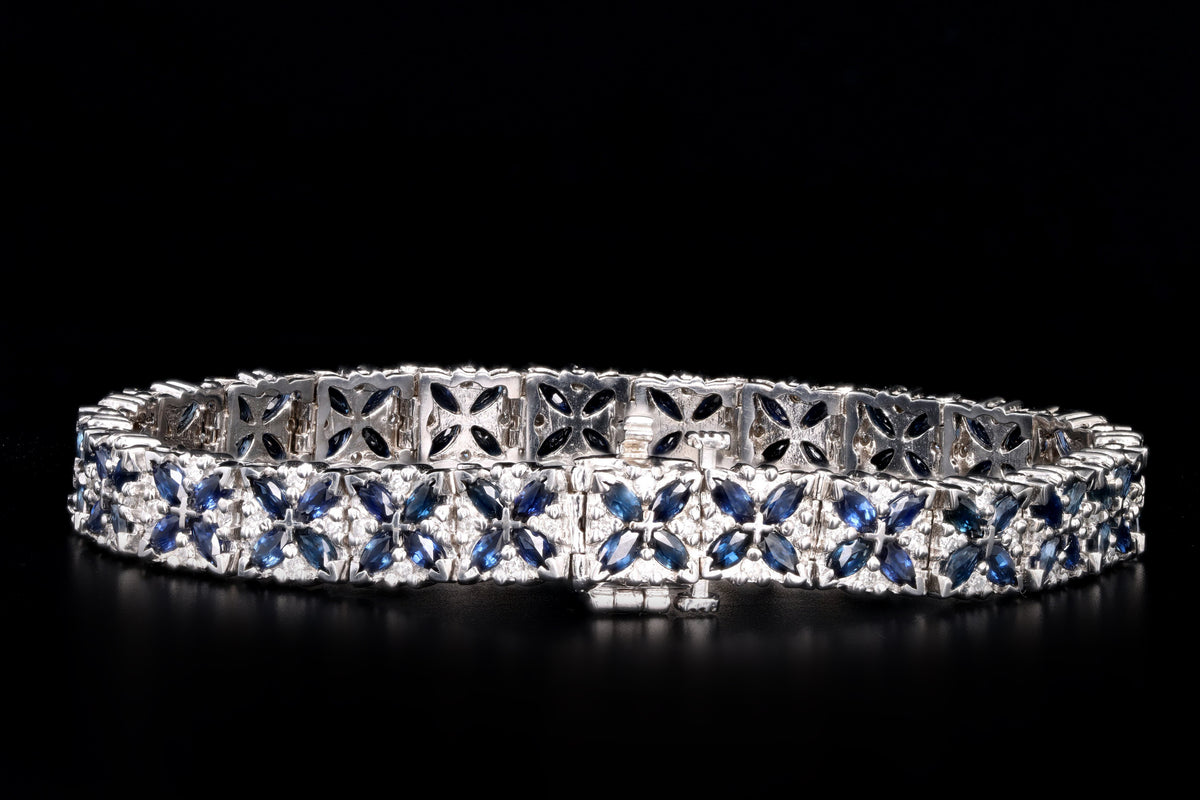 14K White Gold Marquise Natural Sapphire & Diamond Flower Bracelet - Queen May