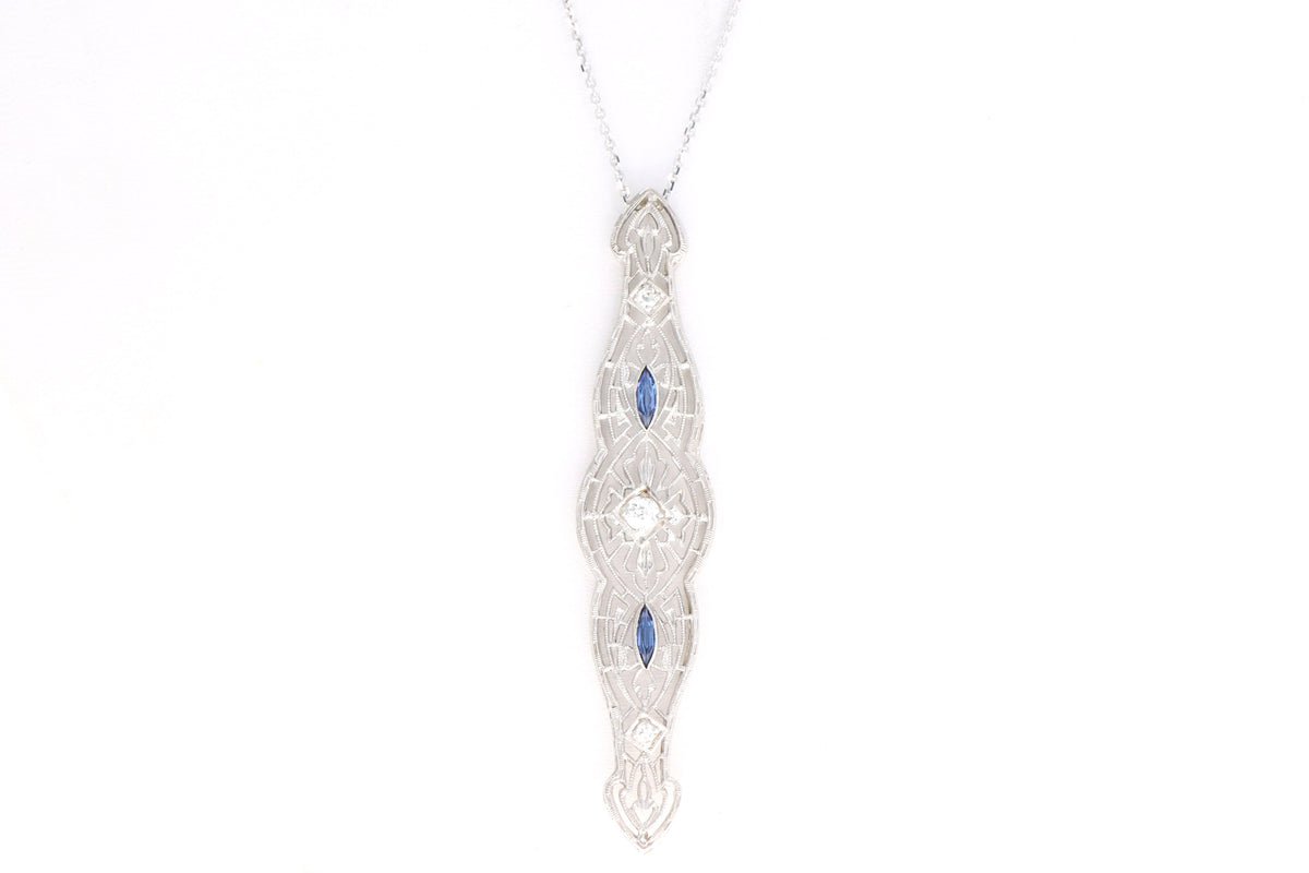 Art Deco 14K White Gold Old European Diamond & Synthetic Sapphire Bar Pin Conversion Pendant Necklace - Queen May