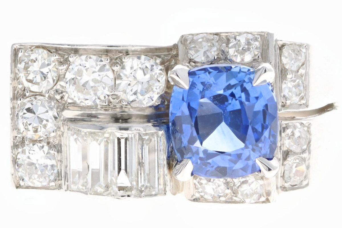 Art Deco Platinum 2.0 Carat Cushion Cut Natural Sapphire & Diamond Ring - Queen May
