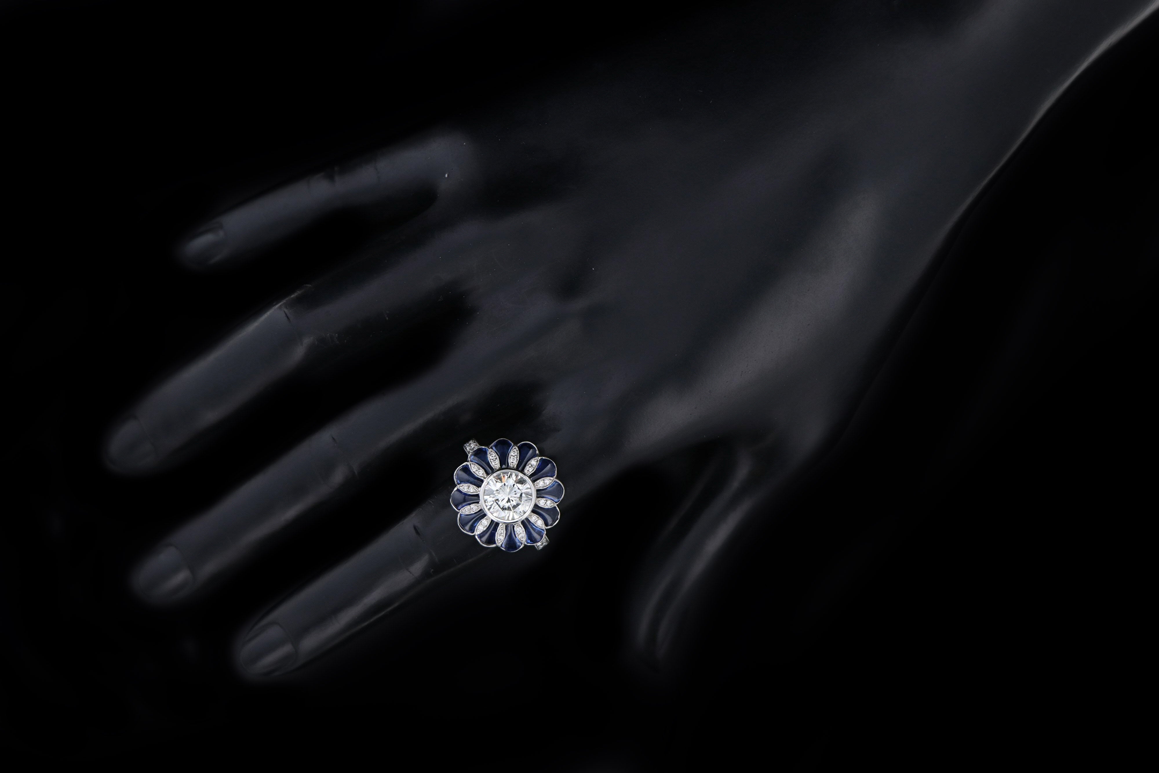 Art Deco Inspired 2.06 Carat Round Brilliant Diamond & Synthetic Sapphire Flower Ring - Queen May