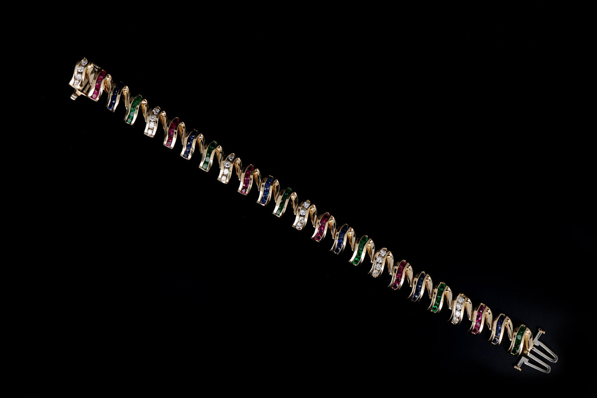 14K Yellow Gold Multi Gemstone & Diamond Swirl Link Bracelet - Queen May