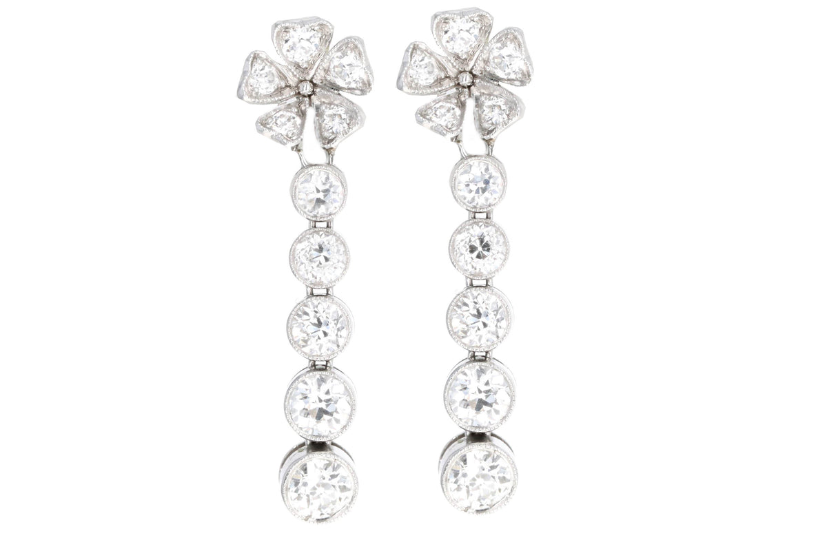 Edwardian Platinum Old European Cut Diamond Flower Drop Earrings - Queen May