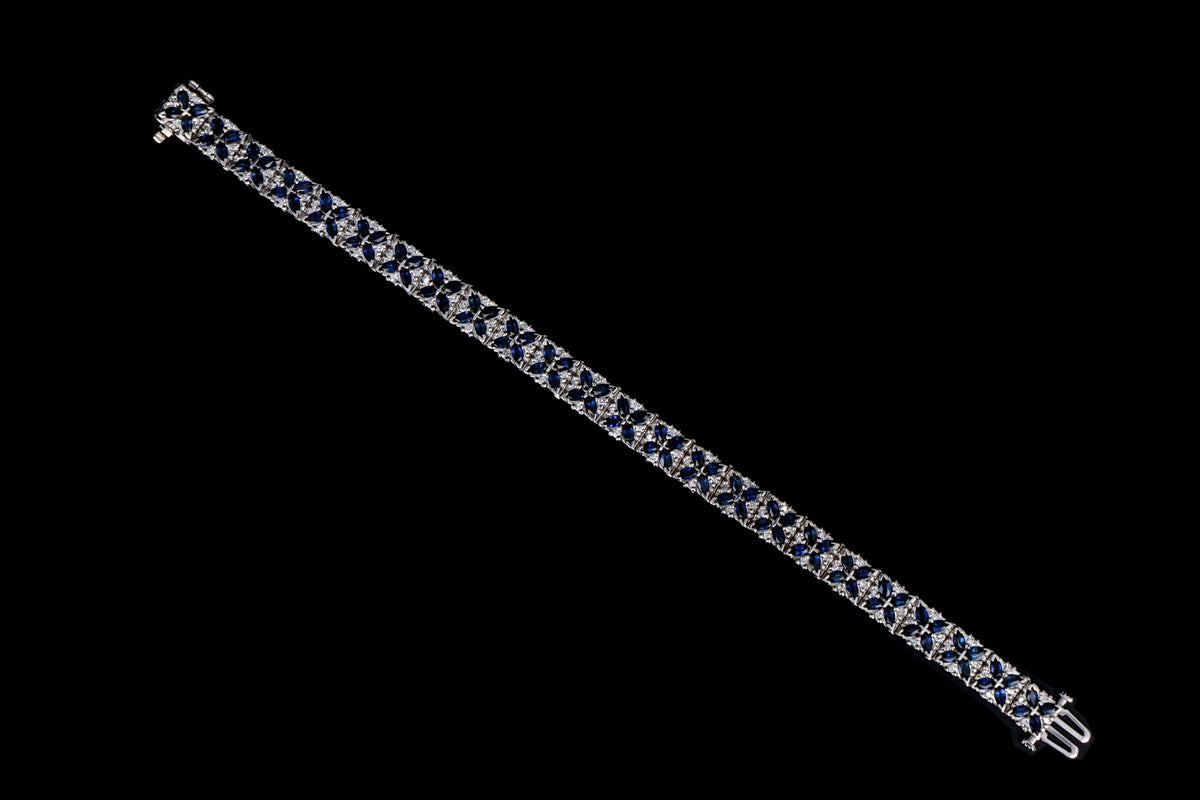 14K White Gold Marquise Natural Sapphire & Diamond Flower Bracelet - Queen May