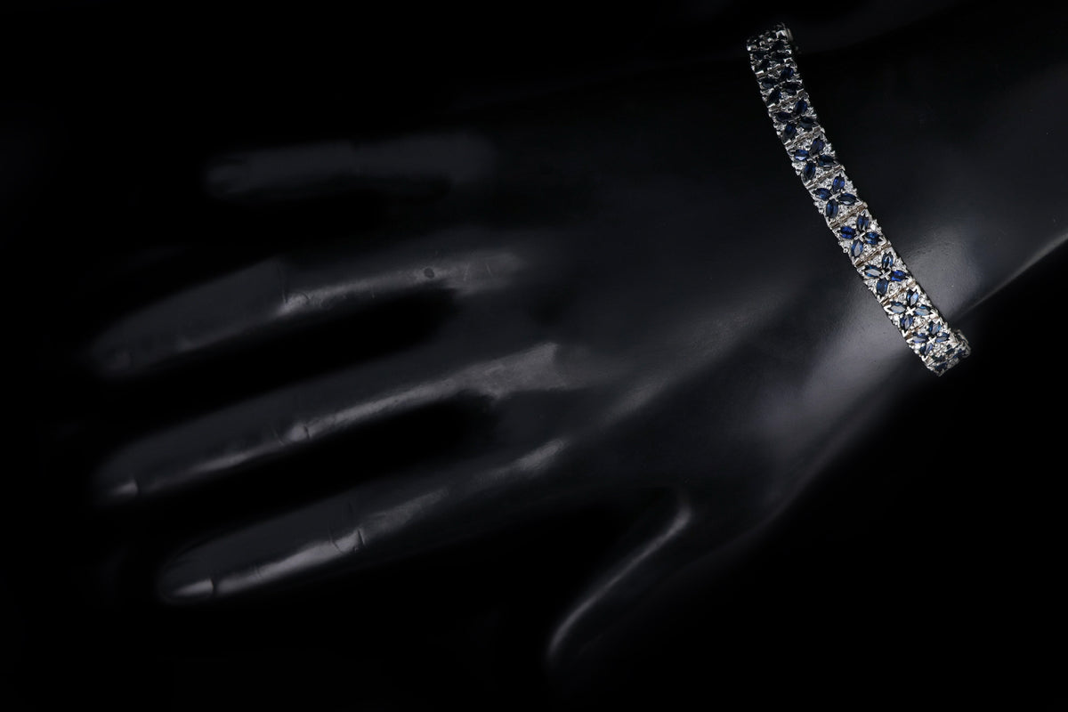14K White Gold Marquise Natural Sapphire & Diamond Flower Bracelet - Queen May