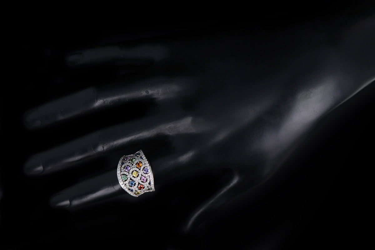 Charles Krypell 18K White Gold Multi Color Sapphire & Diamond Cluster Ring - Queen May