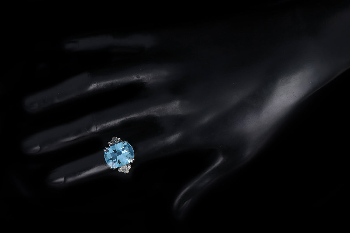 Platinum 10.07 Carat Aquamarine and Diamond Three Stone Ring - Queen May