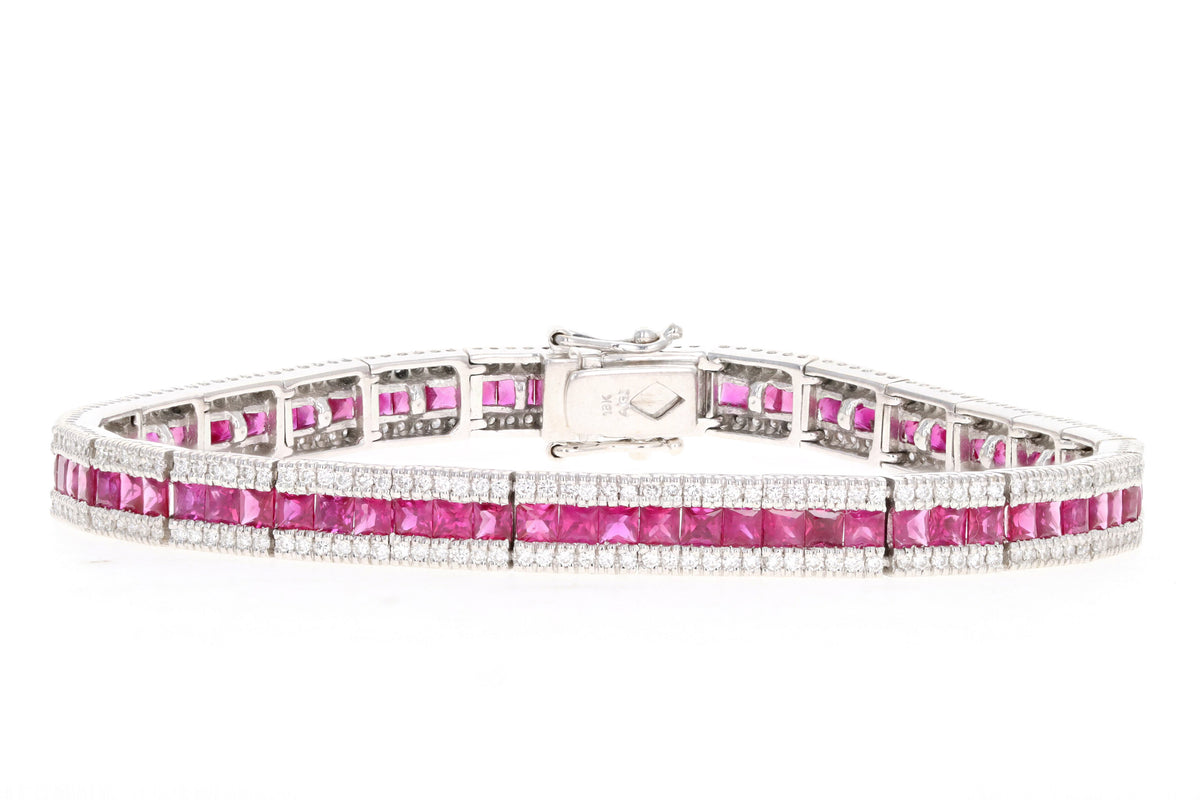 18K White Gold Natural Ruby & Diamond Line Bracelet - Queen May