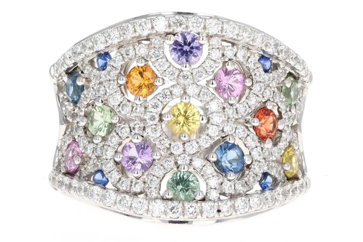 Charles Krypell 18K White Gold Multi Color Sapphire & Diamond Cluster Ring - Queen May