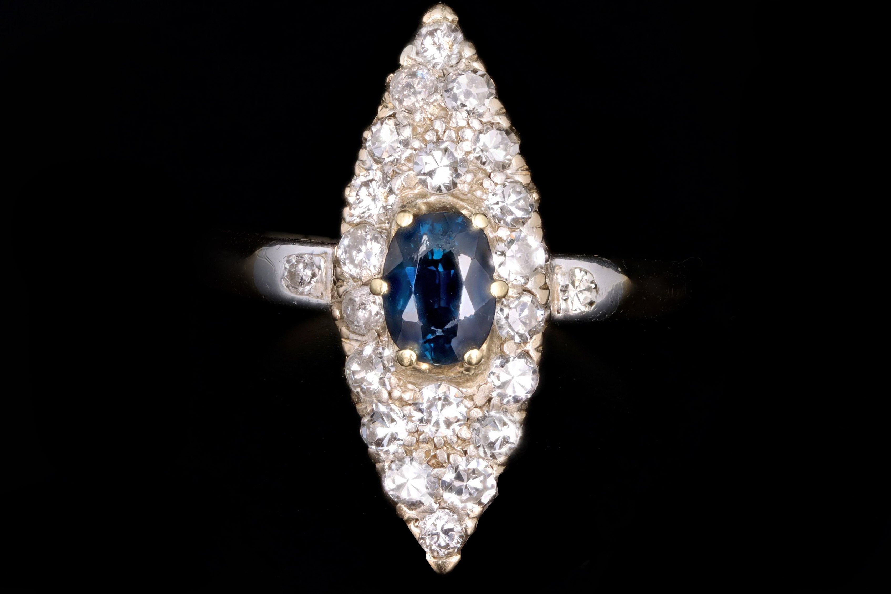 Victorian 14K Yellow Gold .65 Carat Natural Sapphire & Diamond Navette Ring - Queen May