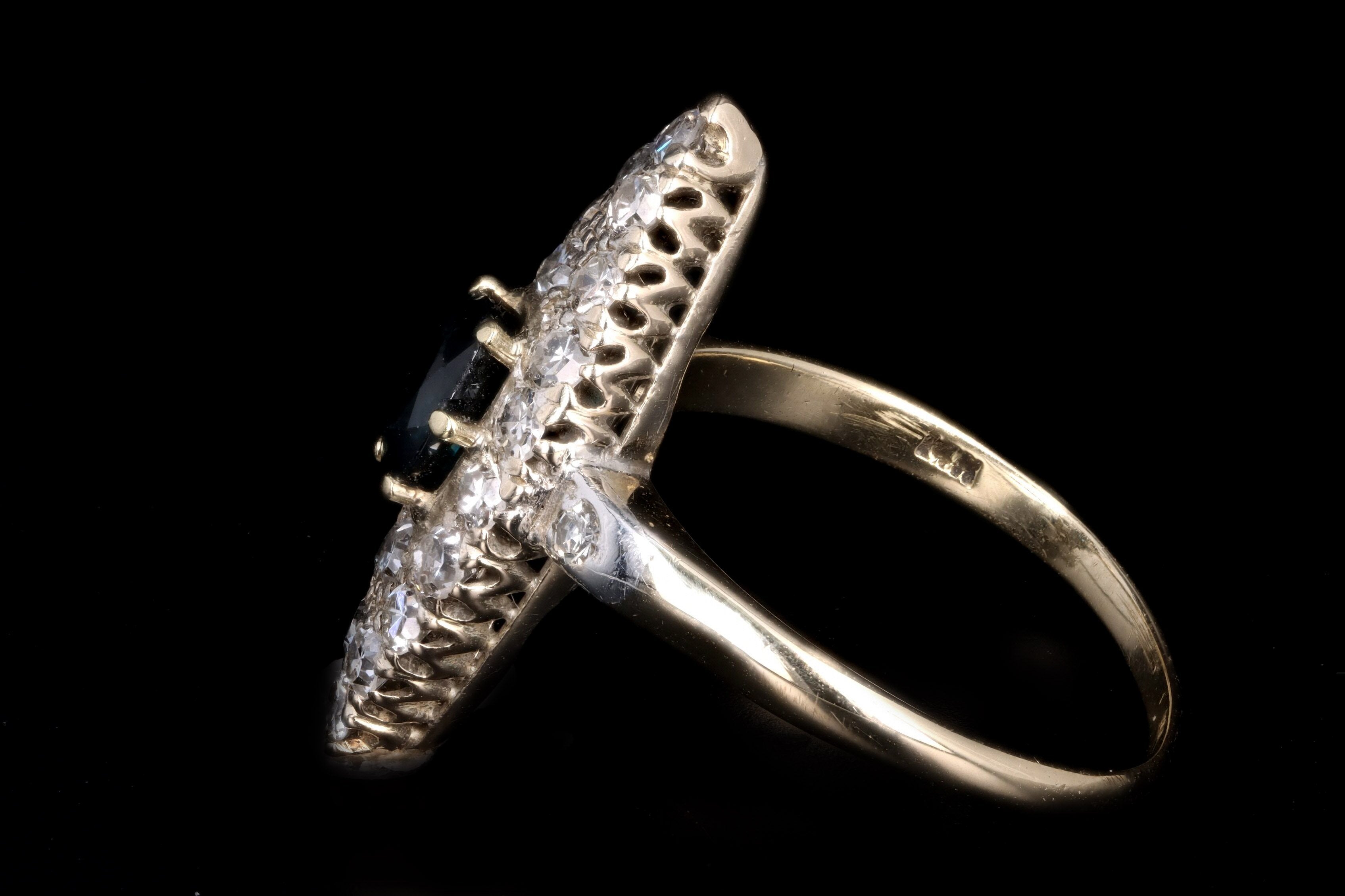 Victorian 14K Yellow Gold .65 Carat Natural Sapphire & Diamond Navette Ring - Queen May